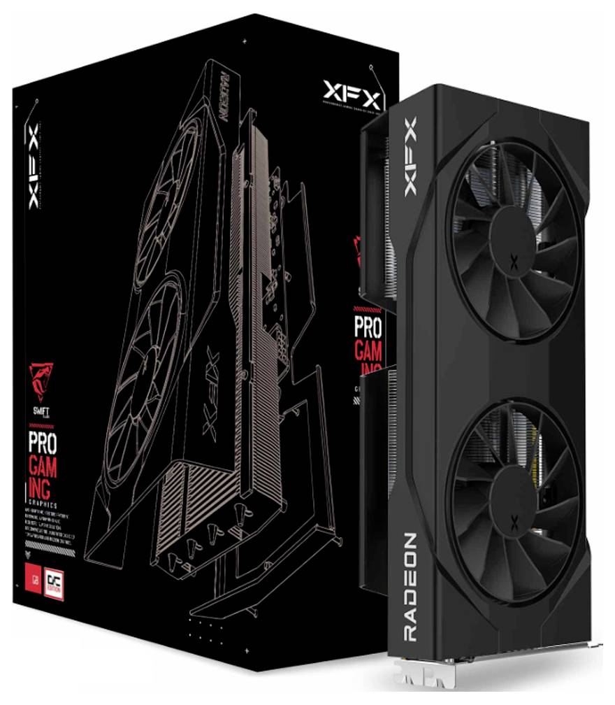 Černá grafická karta XFX Radeon s duálními ventilátory je zobrazena vedle svého obalu, který zvýrazňuje vlastnosti a design pro profesionální hraní her.
