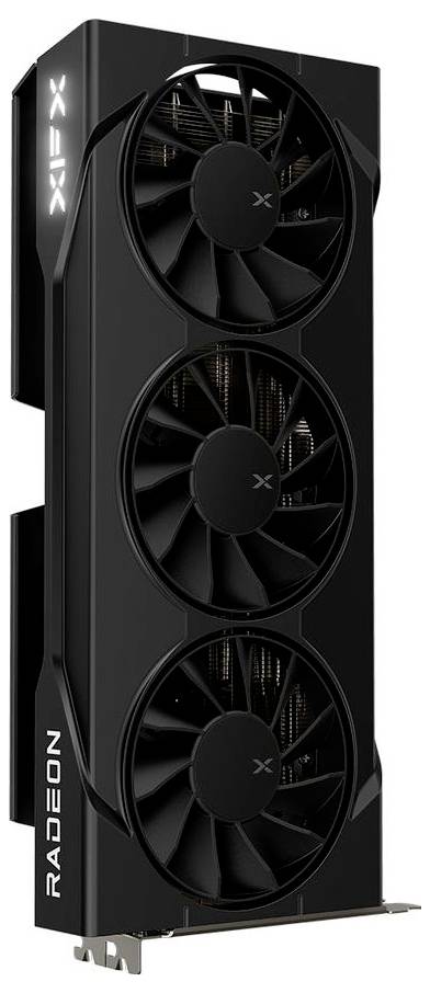 Černá grafická karta se třemi velkými ventilátory, s textem 'Radeon' na straně, navržená pro vysoce výkonné hraní her nebo náročné výpočetní úlohy.