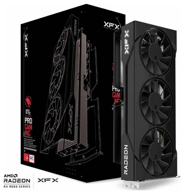 Černá grafická karta se třemi chladicími ventilátory s nápisem 'Radeon' od společnosti XFX pro sérii AMD Radeon RX 9000, zobrazená spolu se svým obalem.