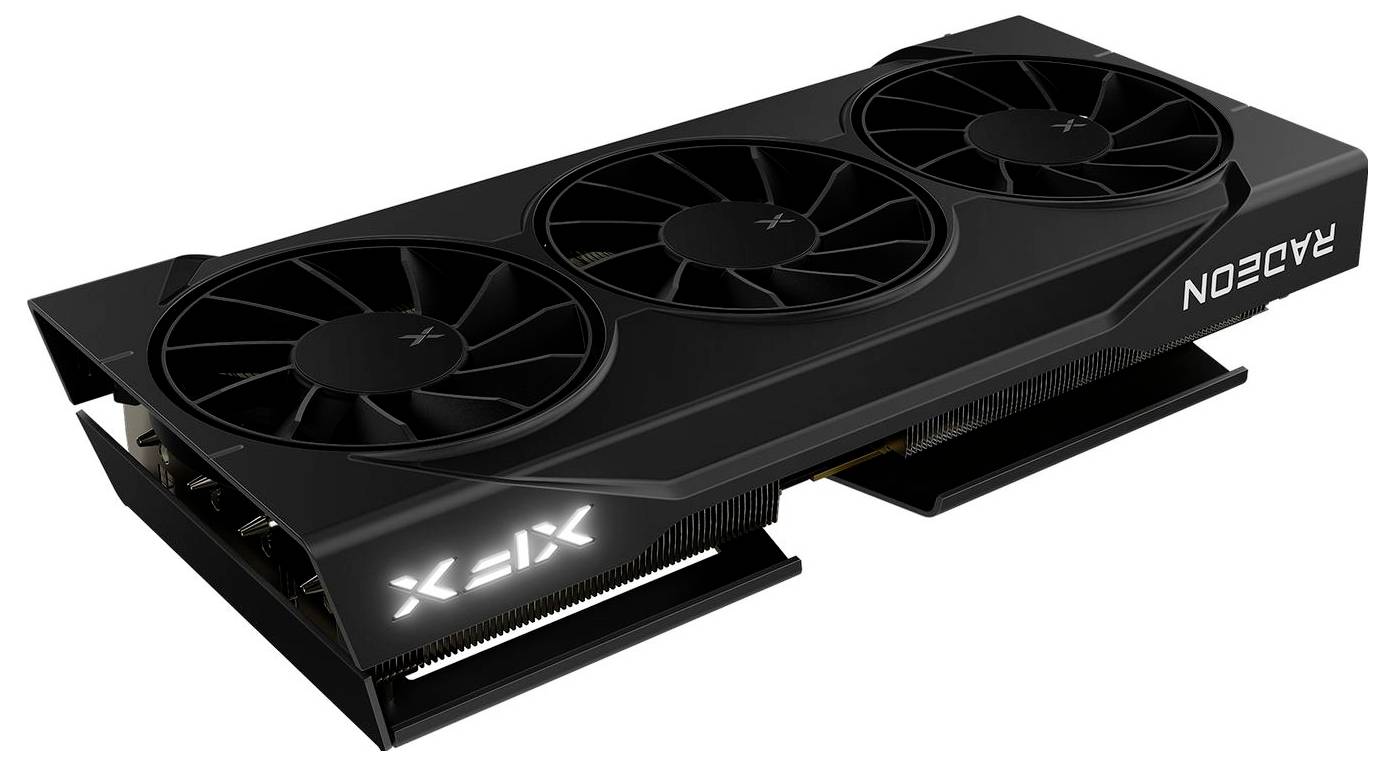 Černá grafická karta s logem 'Radeon', vybavená třemi velkými chladicími ventilátory a elegantním designem.