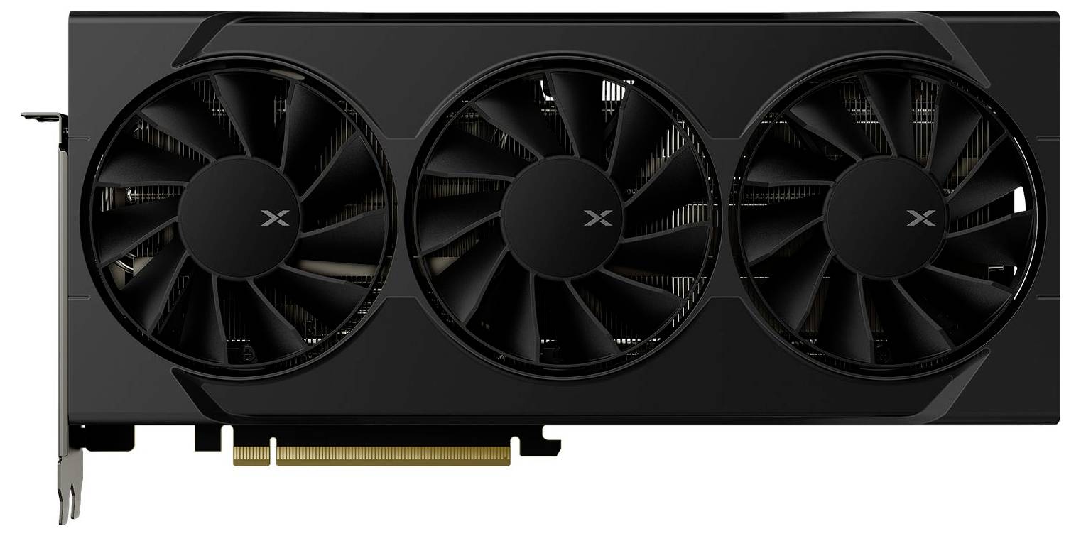 Černá grafická karta se třemi velkými chladicími ventilátory a zlatým PCIe konektorem.