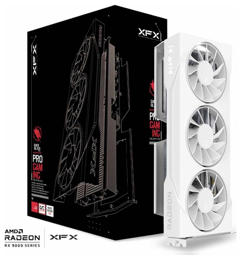Bílá grafická karta XFX Radeon se třemi ventilátory, umístěná vedle černého obalu. Text obsahuje 'AMD Radeon RX 9000 Series'.