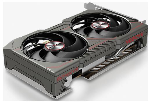 Grafická karta s dvěma ventilátory a logem 'RADEON', navržená pro vysoce výkonnostní hraní her a renderování.