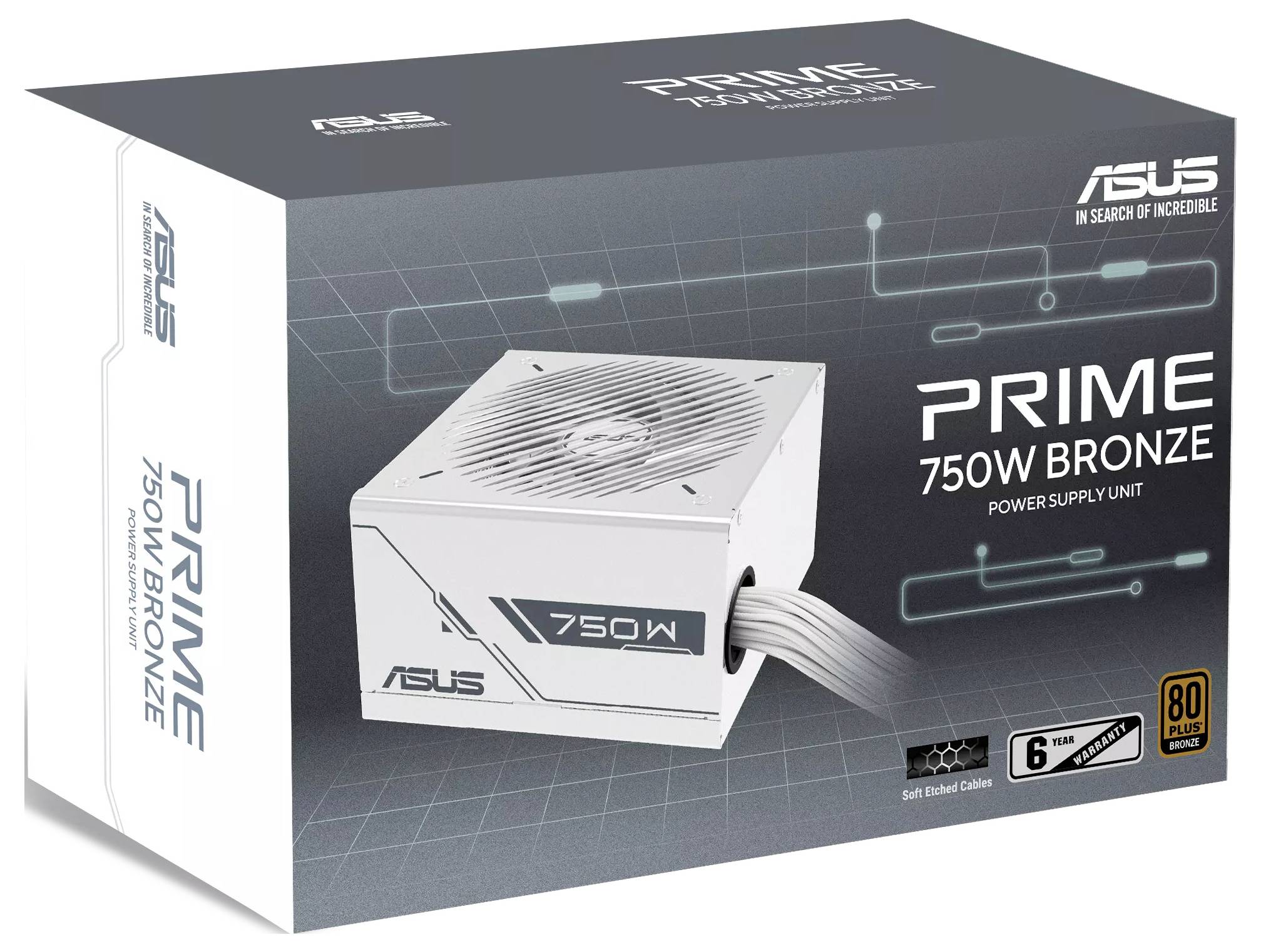 Krabice napájecího zdroje 'Prime 750W Bronze' od Asusu, zobrazující obrázek produktu a zvýrazňující funkce jako certifikaci 80 Plus.