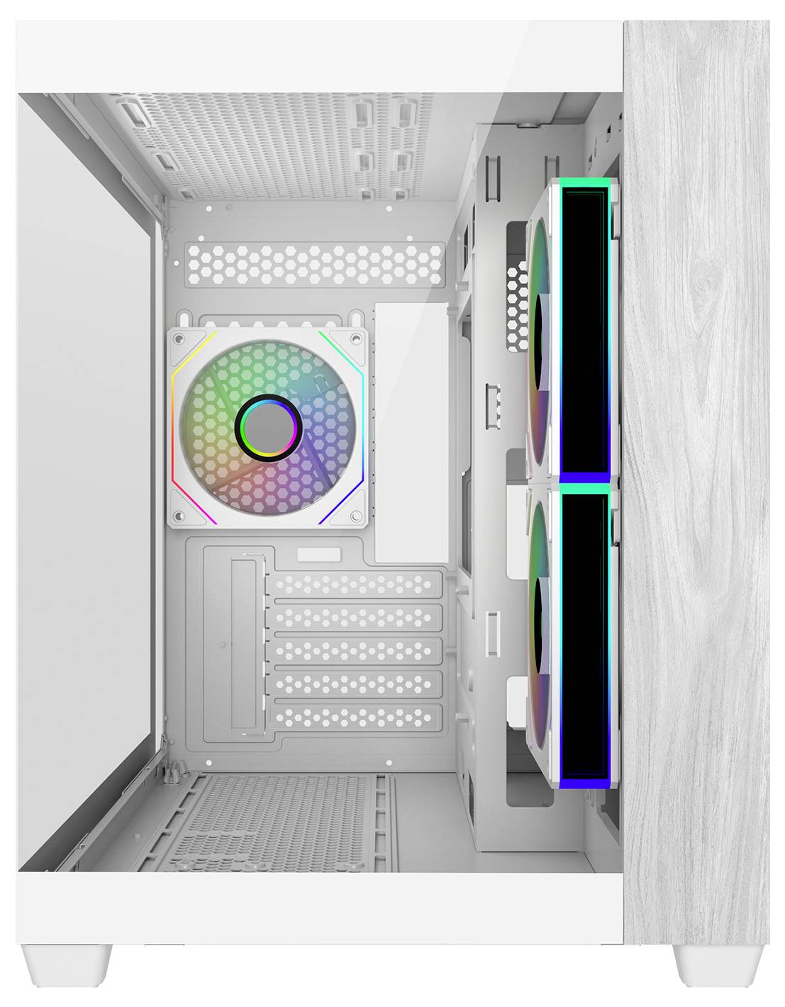 Bílý počítačový case s postranním průhledným oknem zobrazujícím vnitřní komponenty. Disponuje dvěma předními RGB ventilátory a zadním RGB ventilátorem, s dostatečným vnitřním prostorem.