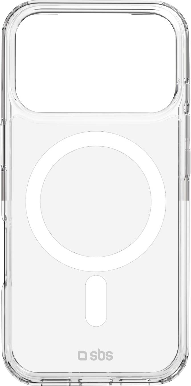 Průhledný telefní kryt s bílým kruhovým MagSafe designem a logem 'sbs' dole, vhodný pro ochranu smartphonu.