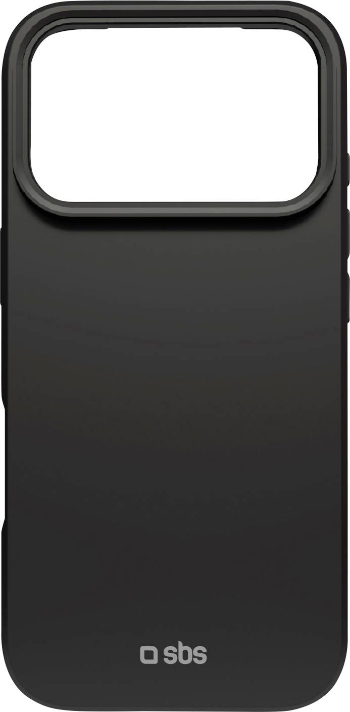 Černý kryt na smartphone s otevřenou horní částí pro oblast fotoaparátu, který má logo 'sbs' umístěné ve spodní střední části.