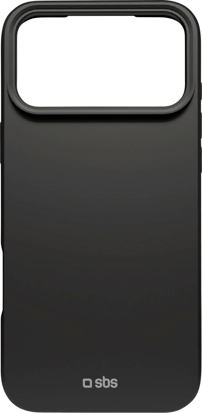 Černý obal na smartphone s velkým výřezem pro fotoaparát v horní části a logem 'sbs' v dolní části.