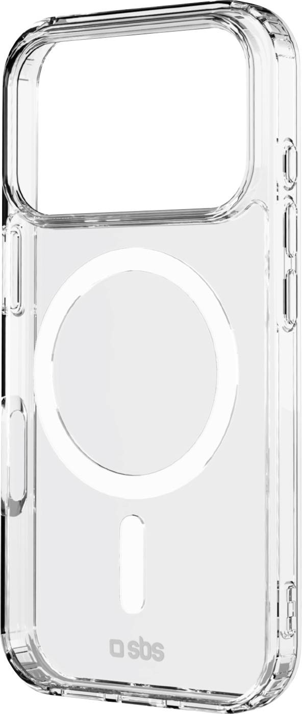 Průhledný telefonní kryt kompatibilní s MagSafe, s kruhovým magnetickým obrysem a logem v dolní části. Navrženo pro iPhone.