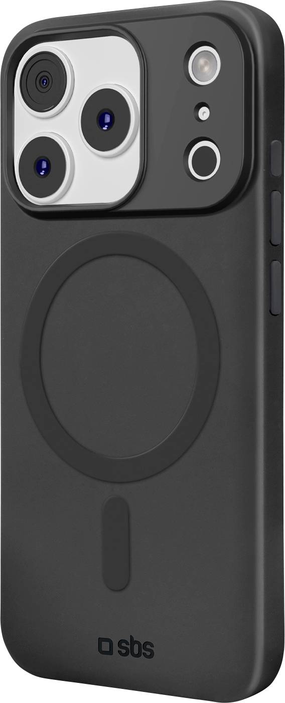 Černý obal na smartphone s kruhovým designem MagSafe a přesnými výřezy pro fotoaparát a tlačítka na straně.