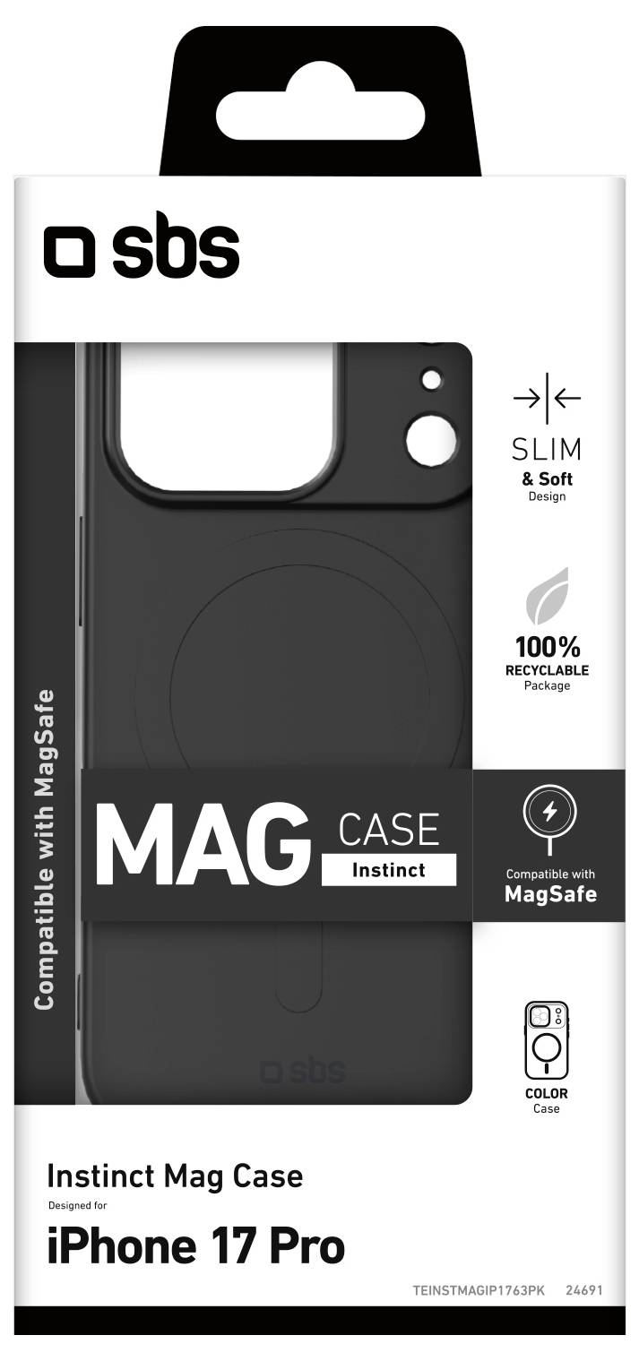 Pouzdro 'Black Instinct Mag Case' pro iPhone 17 Pro zobrazené v obalu. Funkce zahrnují kompatibilitu s MagSafe, tenký design a recyklovatelné materiály.