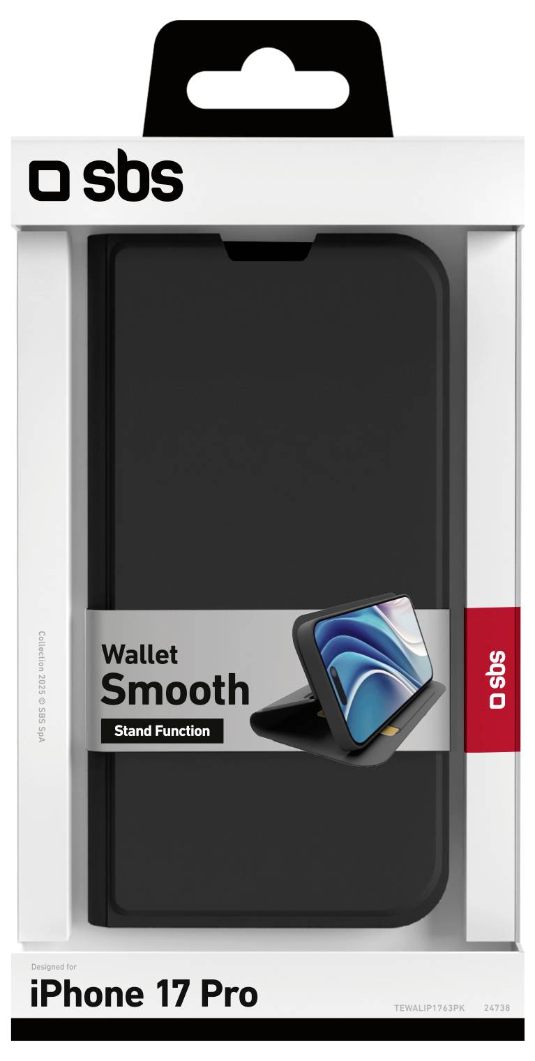 Obal pro pouzdro SBS Wallet Smooth kompatibilní s iPhonem 17 Pro; zobrazuje pouzdro s funkcí stojánku.