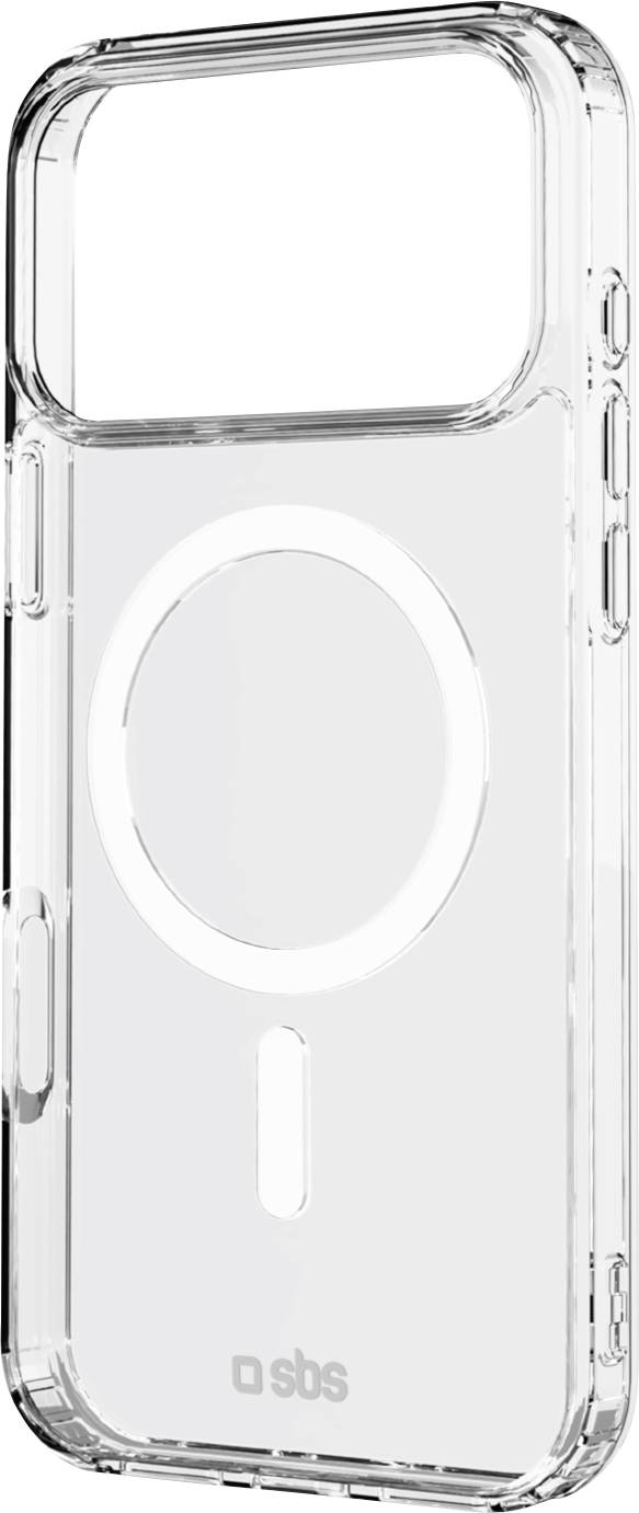 Průhledný telefonní kryt s kulatým designem Magsafe, transparentní materiál, s výřezy pro tlačítka a fotoaparát.