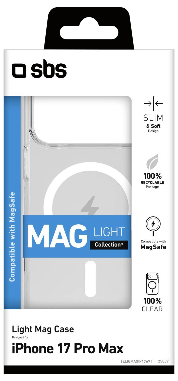 Průhledný silikonový obal na telefon 'iPhone 17 Pro Max' od SBS. Vlastnosti zahrnují 'Tenký & Měkký Design', '100% Recyklovatelný' a 'Kompatibilní s MagSafe'.