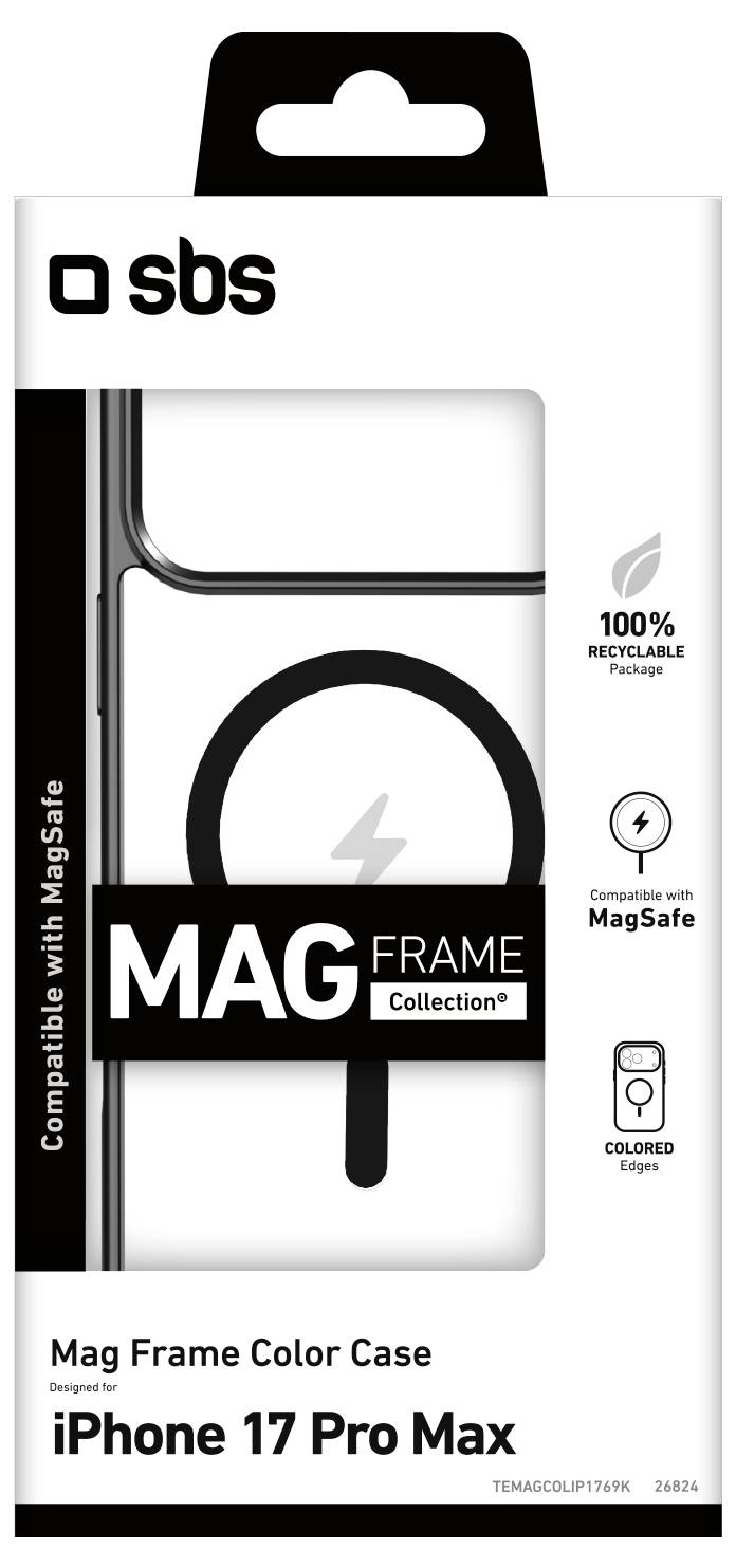 'iPhone 17 Pro Max Mag Frame barevný kryt od SBS kompatibilní s MagSafe. 100% recyklovatelný obal, barevné hrany.'