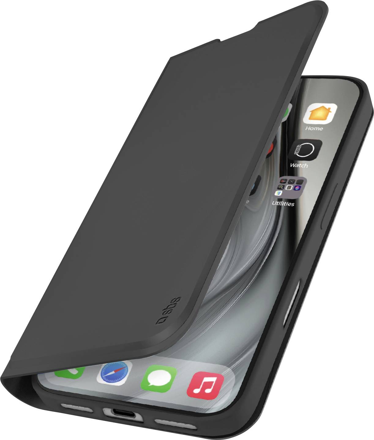 Chytrý telefon v černém flipovém pouzdře je částečně otevřený, přičemž odhaluje obrazovku telefonu s ikonami aplikací. Pouzdro zakrývá horní polovinu zařízení.