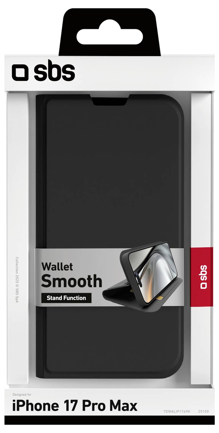 Černý obal na telefon s peněženkou a funkcí stojánku pro iPhone 17 Pro Max je zobrazen v obalu. Text na obalu zní 'Wallet Smooth'.