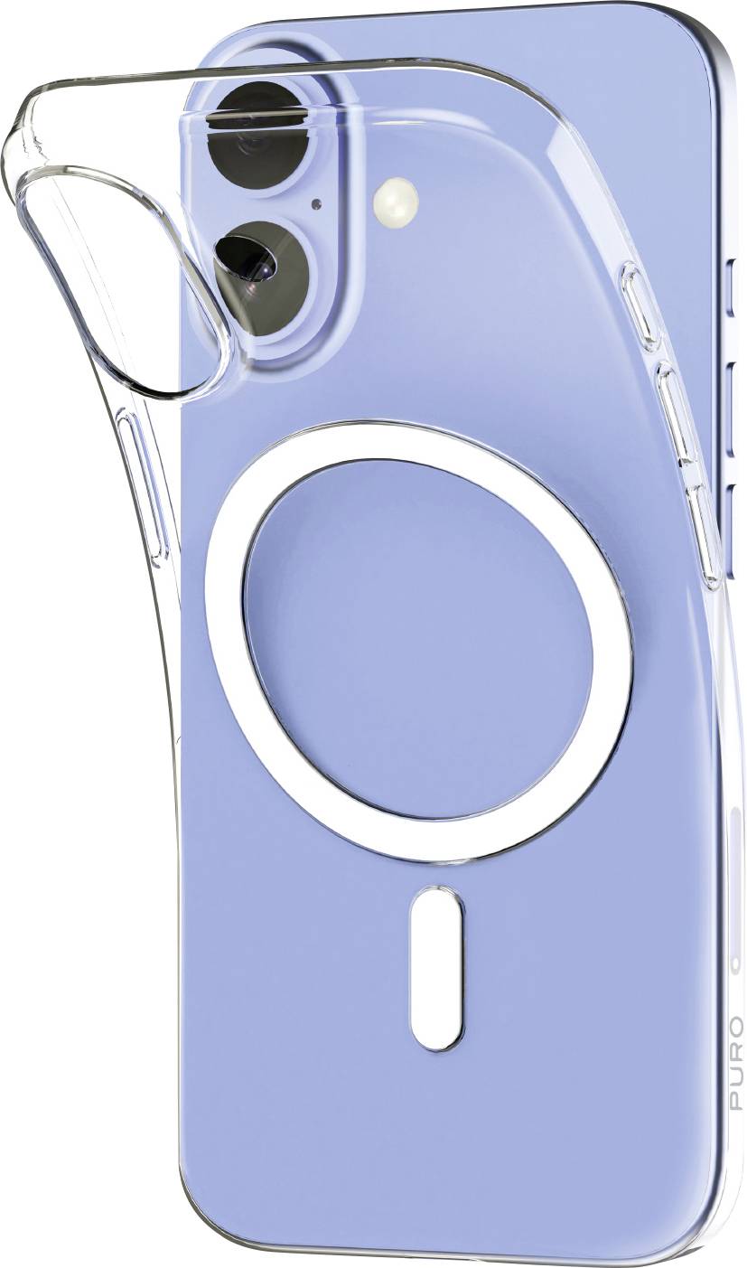 Průhledný telefon kryt umístěný na modrém smartphonu ukazuje MagSafe kroužek na zadní straně, který zdůrazňuje jeho kompatibilní vlastnost.