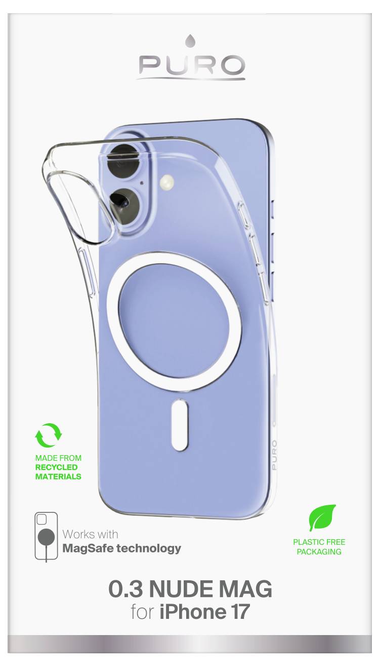 Obrázek ukazuje modrý iPhone 17 v průhledném ochranném krytu 0.3 Nude Mag Puro s technologií MagSafe. Text zdůrazňuje ekologicky šetrné materiály a balení bez plastů.