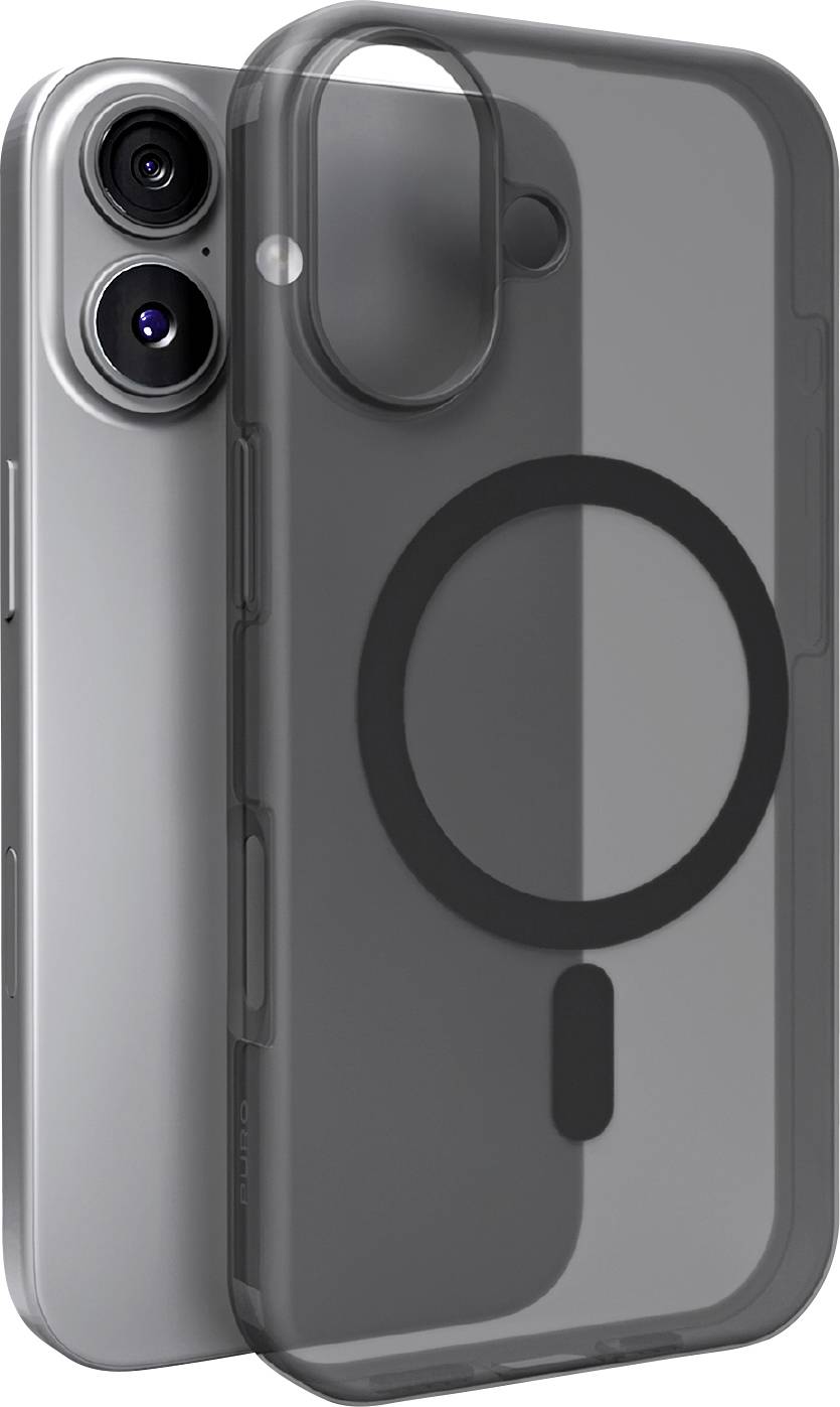 Elegantní stříbrný smartphone s duálním fotoaparátem je spárován s průhledným černým pouzdrem kompatibilním s MagSafe, které je navrženo tak, aby zvýraznilo funkce telefonu.