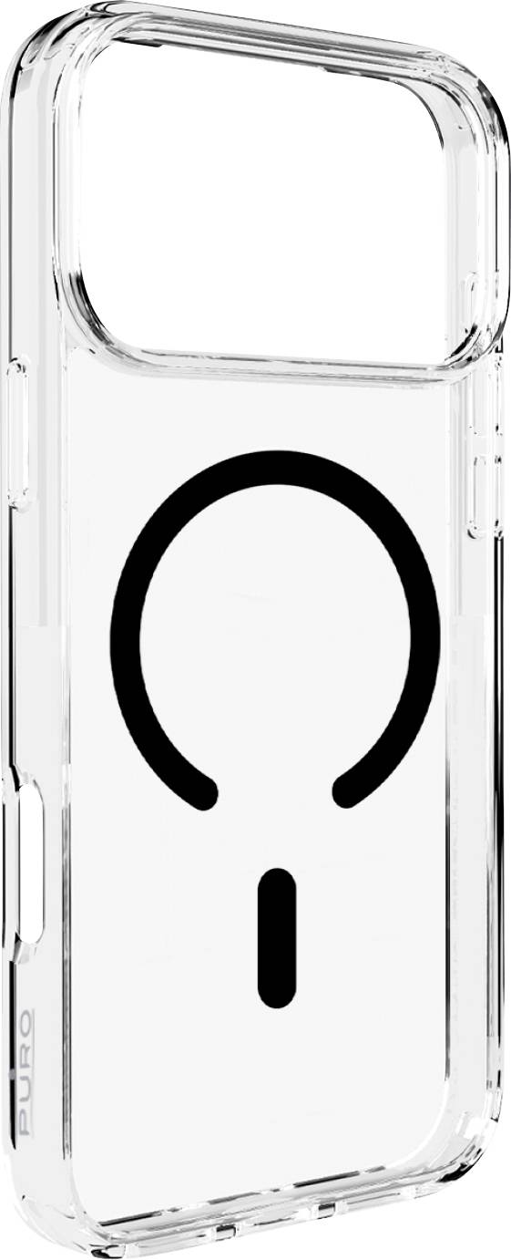 Průhledný smartphone kryt s velkým černým kruhovým designem a svislou čarou ve spodní části, který ukazuje kompatibilitu s MagSafe funkcí.