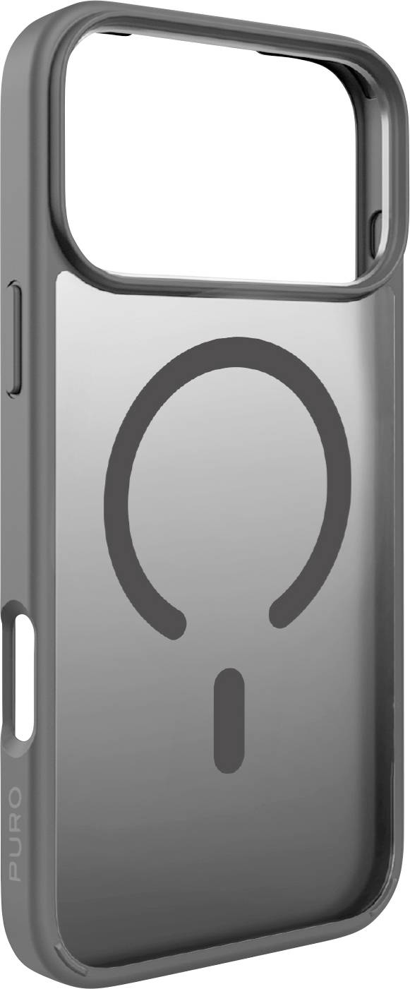 Šedý smartphonový kryt s velkou, kruhovitou výřezem nahoře pro fotoaparát a ikonou připomínající symbol napájení na zadní straně.