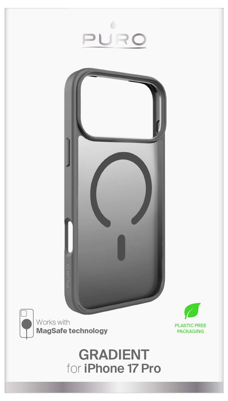 Obal na telefon pro 'Gradient pro iPhone 17 Pro'. Funkce technologie MagSafe; balení bez plastu. Šedý kryt zobrazený s logem.