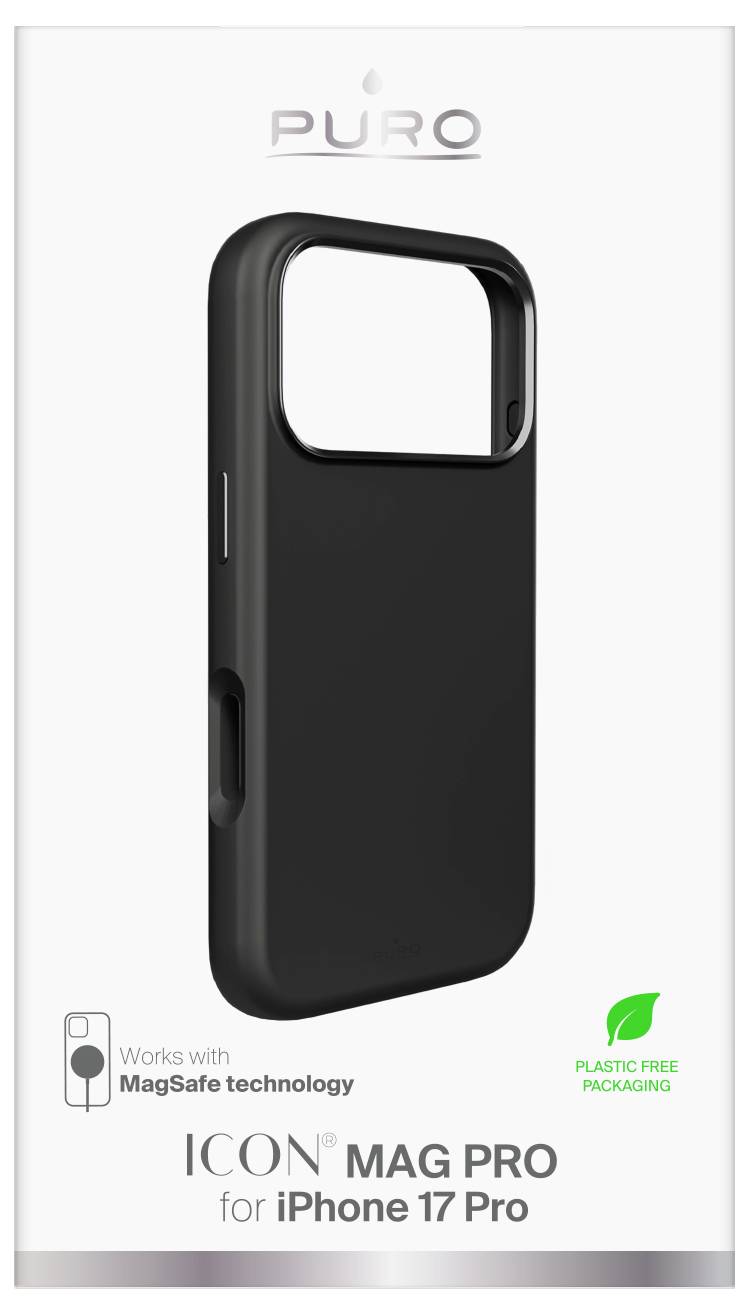 Černý kryt na iPhone 17 Pro s kompatibilitou MagSafe, prezentovaný v ekologickém obalu.