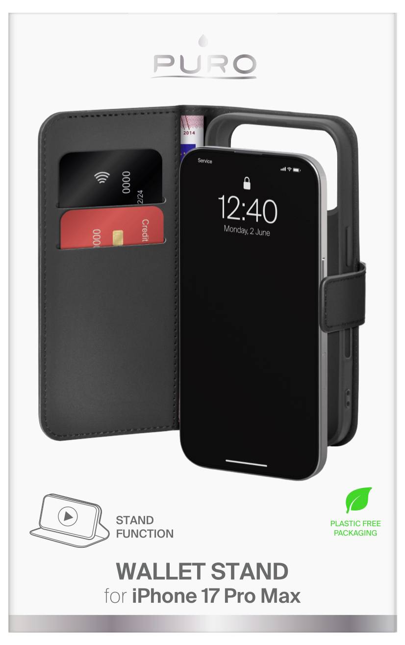 'PURO Peněženka se stojánkem pro iPhone 17 Pro Max'. Černý kryt telefonu s přihrádkami na karty, funkcí stojánku a štítkem bezplastového balení.