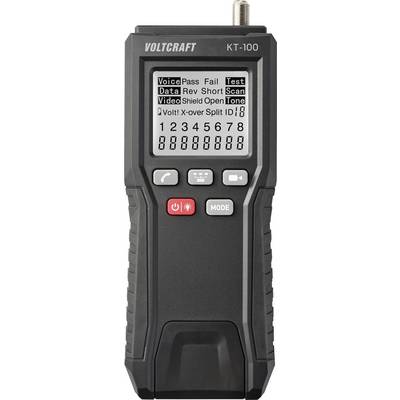 Tester síťových kabelů Voltcraft KT-100 s displejem zobrazujícím různé výsledky testů, jako jsou 'Průchod', 'Selhání', 'Zkrat', 'Přerušení'.