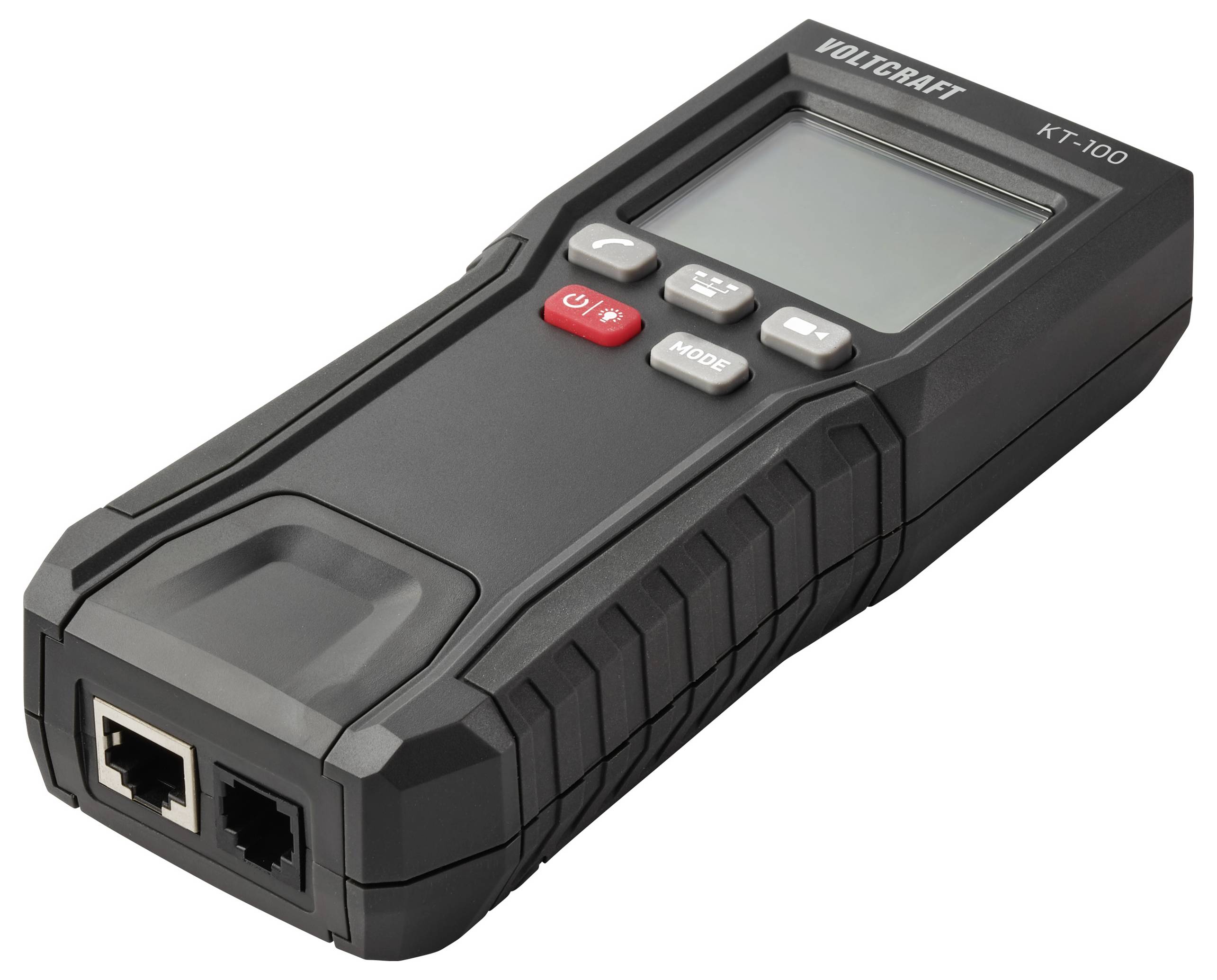 Ruční síťový tester kabelů s displejem, označený 'VOLTCRAFT KT-100', vybavený tlačítky pro napájení, výběr režimu a porty pro připojení.