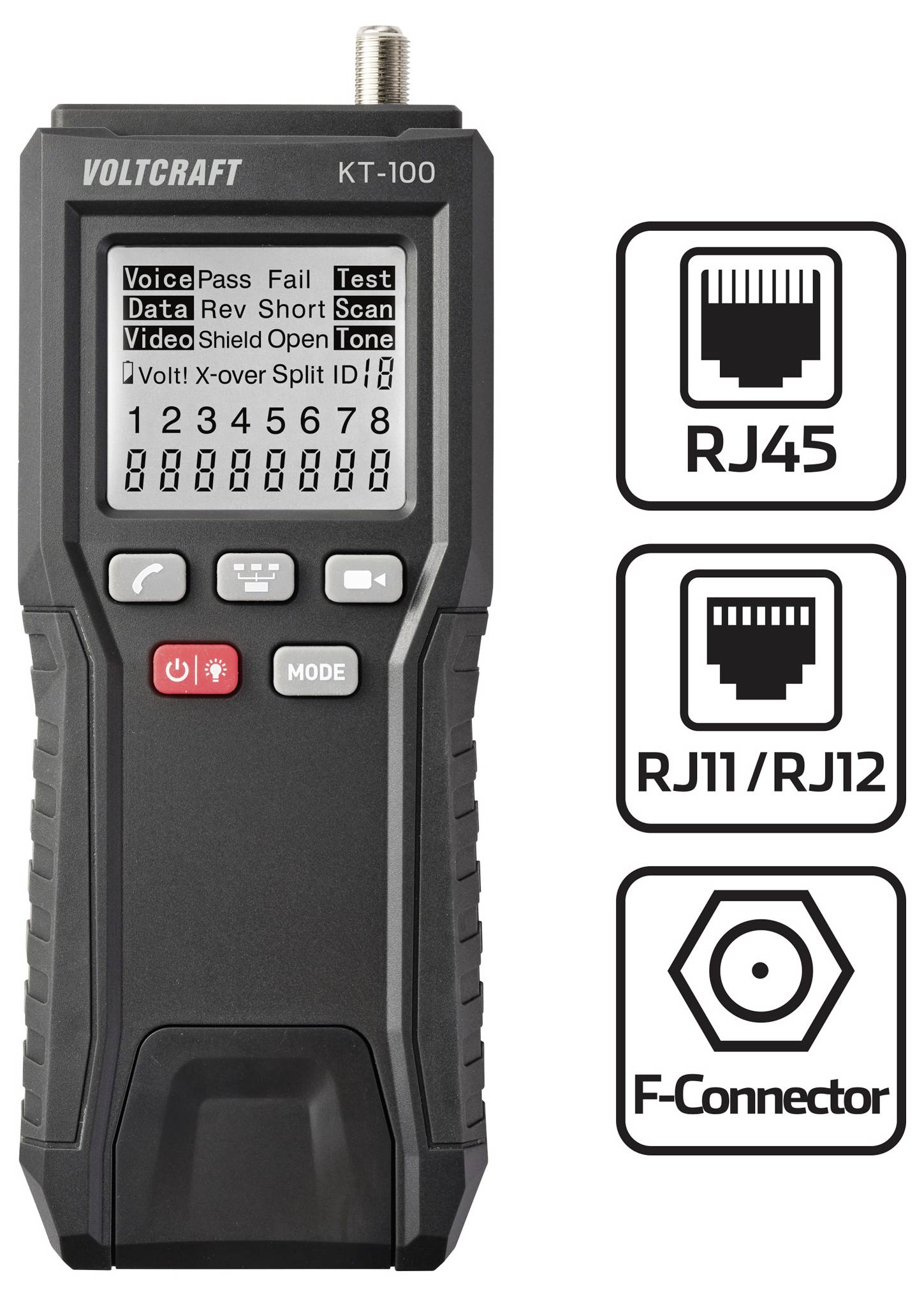 Ruční síťový tester kabelů s LCD displejem zobrazujícím různé výsledky testů. Na displeji jsou zobrazeny ikony pro RJ45, RJ11/RJ12 a F-konektor.