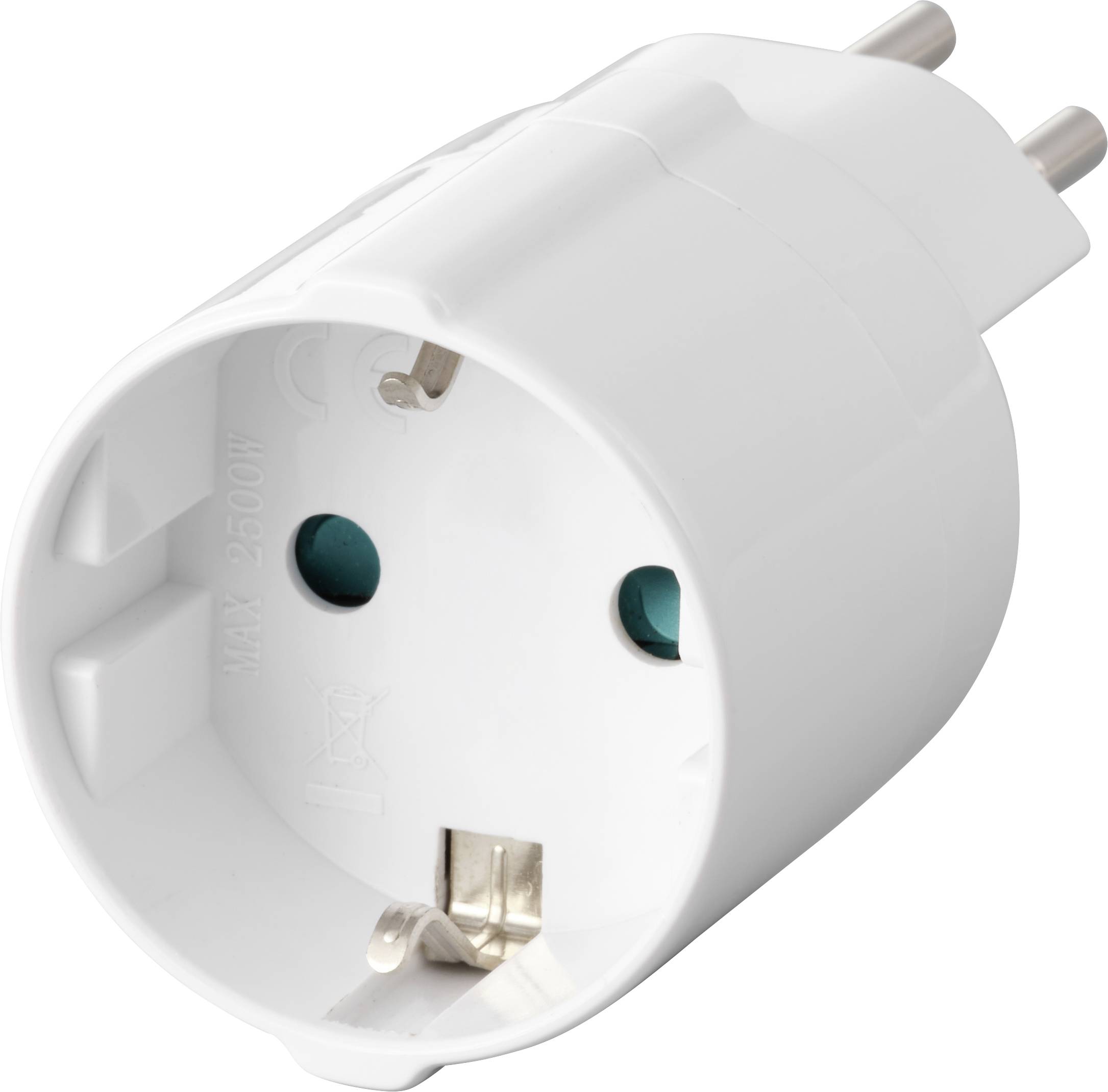 Bílý elektrický adaptér se dvěma kulatými kovovými kolíky, vhodný pro evropské zásuvky, označený štítkem „MAX 2500W".