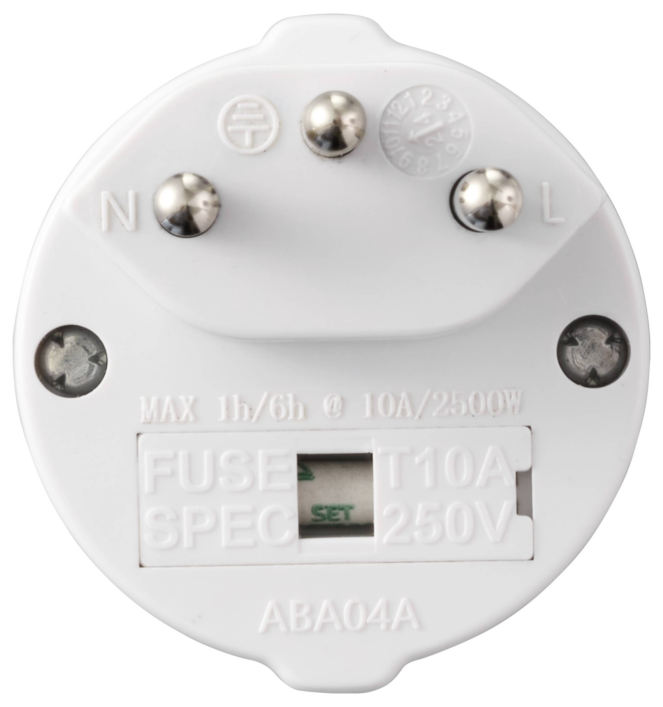 Obrázek ukazuje základ elektrické zástrčky s označeními 'N', 'L' a 'MAX 1h/6h @ 10A/2500W'. Obsahuje také pojistku označenou 'T10A 250V'.