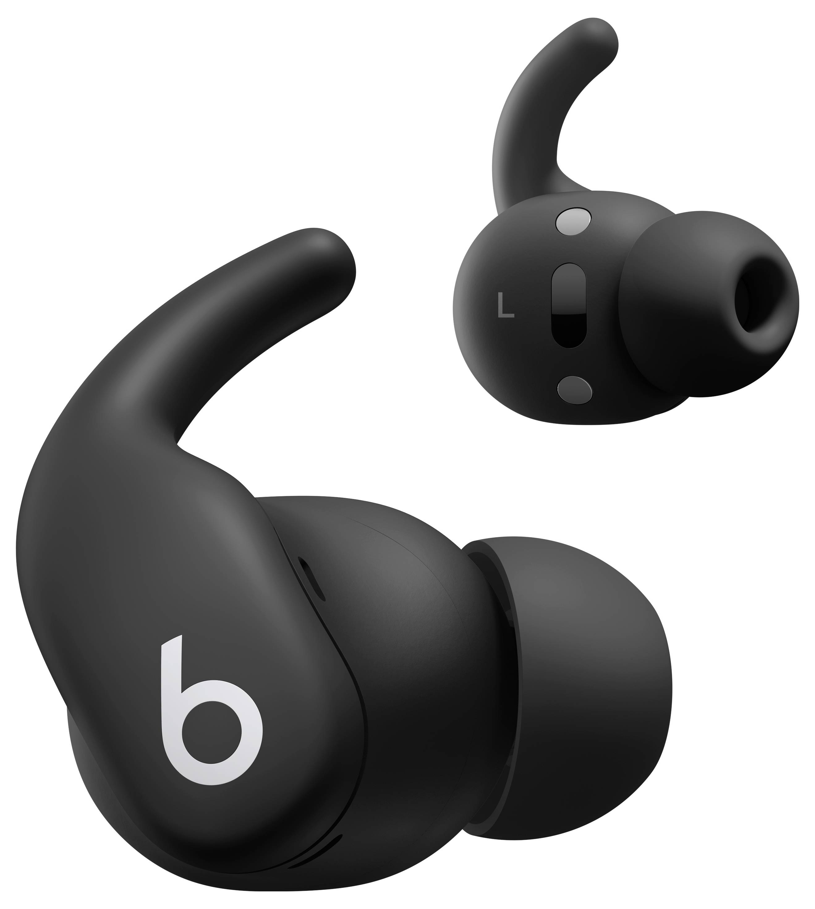 Bezdrátové černé sluchátka Beats Fit Pro zobrazující levý a pravý kus s charakteristickým logem 'b', navržené pro bezpečné a pevné uchycení.