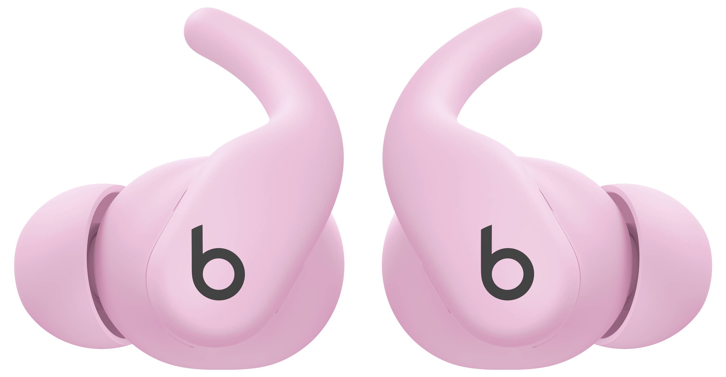 Růžové bezdrátové špunty do uší s háčky, které mají na každém štítku logo 'b', navržené pro bezpečné uchycení a pohodlí při používání.