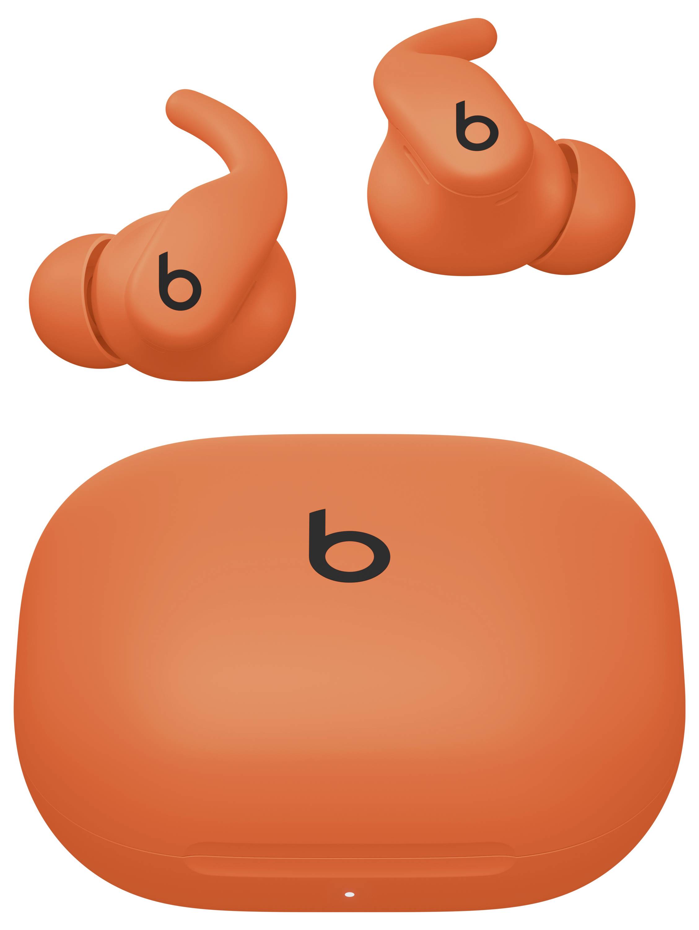 Oranžové bezdrátové sluchátka s odpovídajícím dobíjecím pouzdrem, přičemž každé má černé logo 'b' vpředu.
