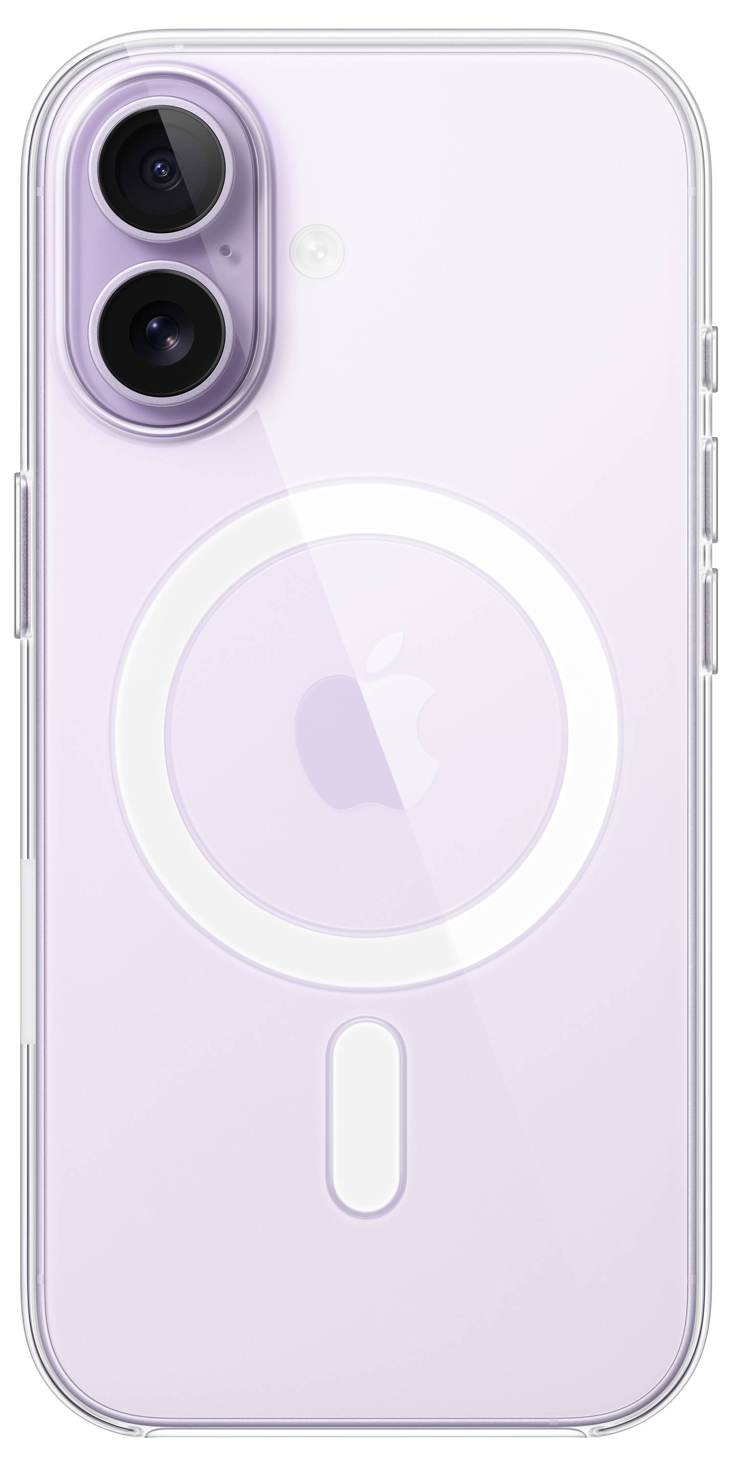 Levandulový smartphone se dvěma zadními fotoaparáty a logem Apple, s kruhovým designovým prvkem kolem loga na zadní straně.