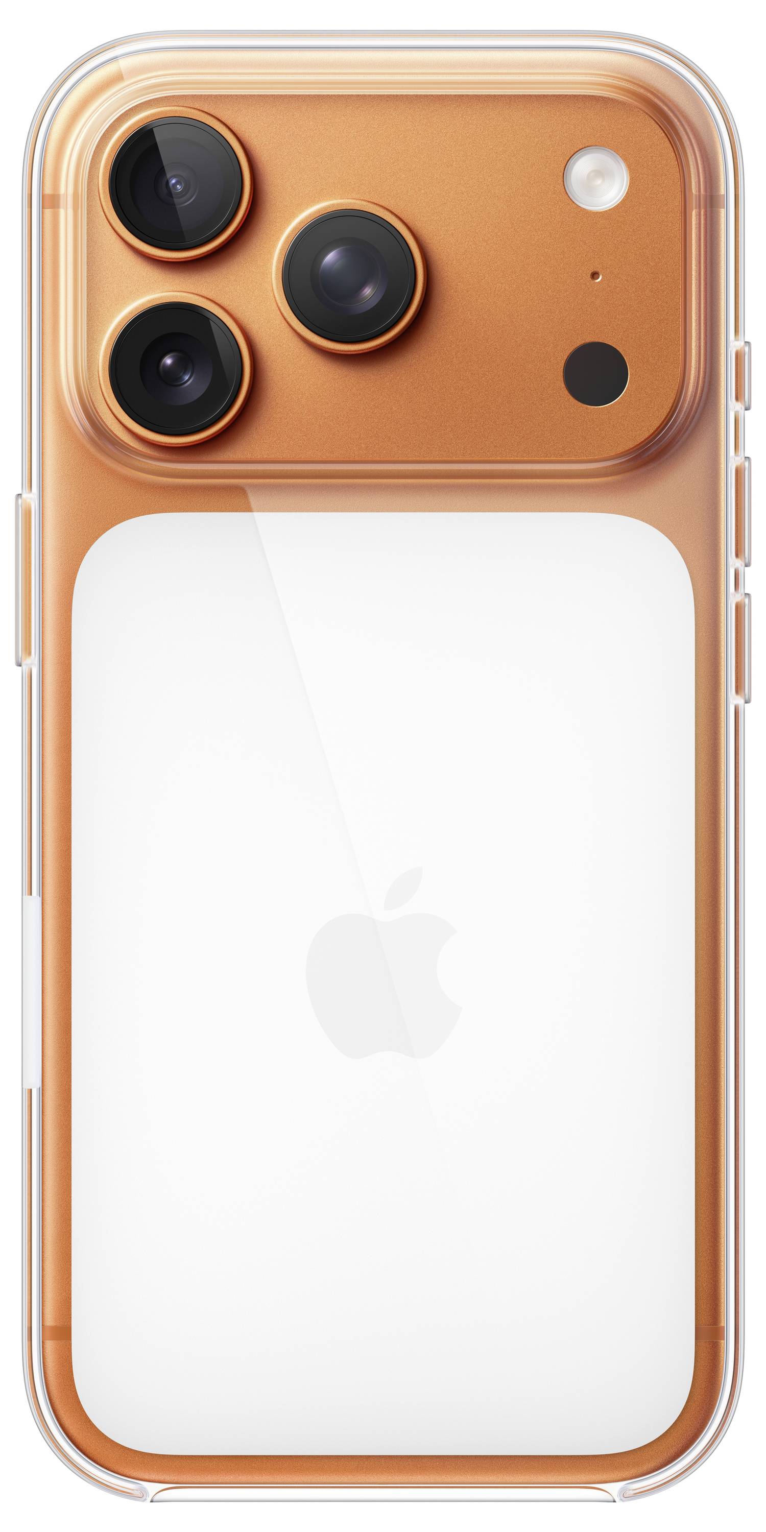 Oranžový kryt na smartphone s třemi objektivy fotoaparátu a bleskem. Průhledný design zvýrazňuje logo telefonu.
