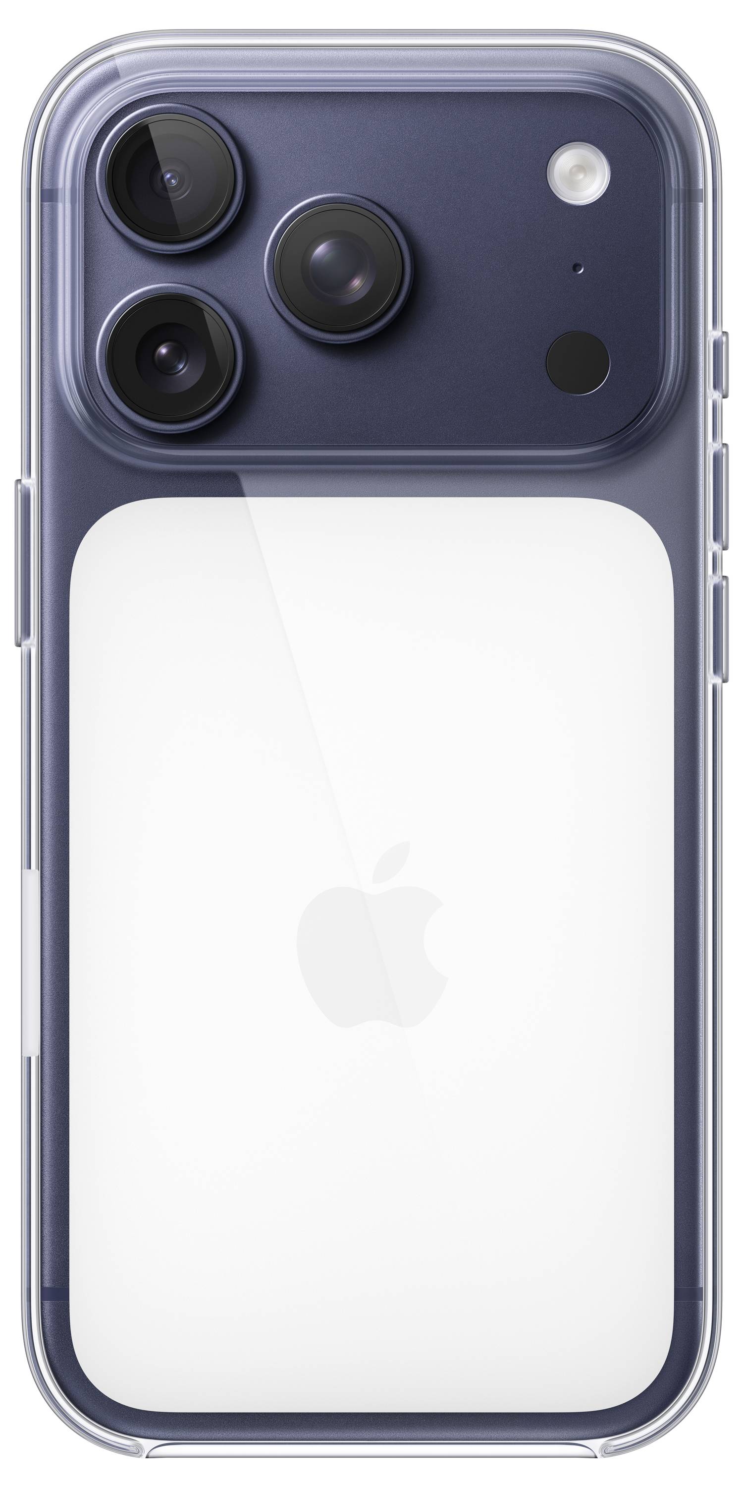 Smartphone se třemi objektivy fotoaparátu a logem Apple na zadní straně, zobrazený v průhledném pouzdře, pohled zezadu.