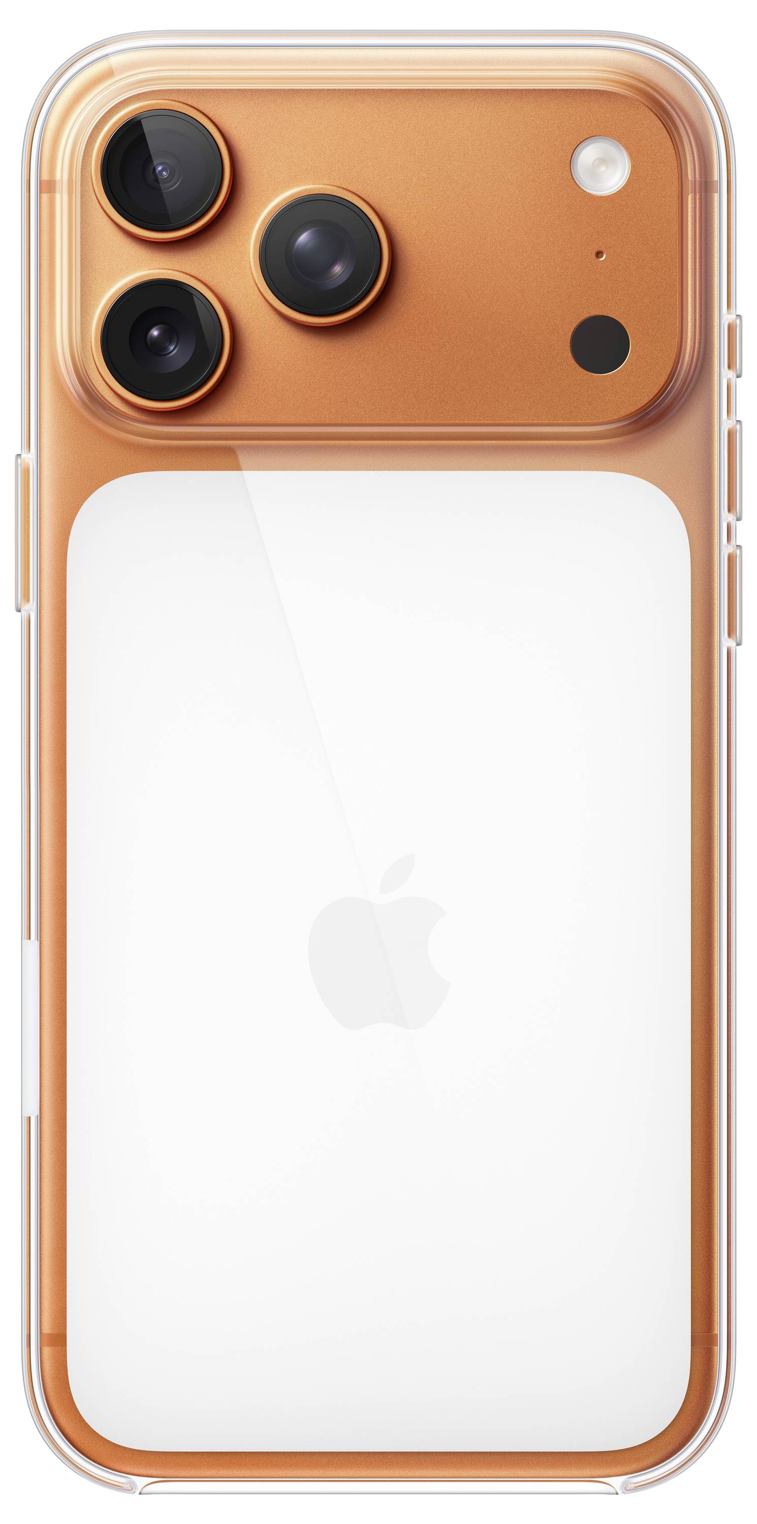 Průhledný kryt navržený pro oranžový smartphone se dvěma velkými čočkami fotoaparátu, menší čočkou a logem Apple na zadní straně.