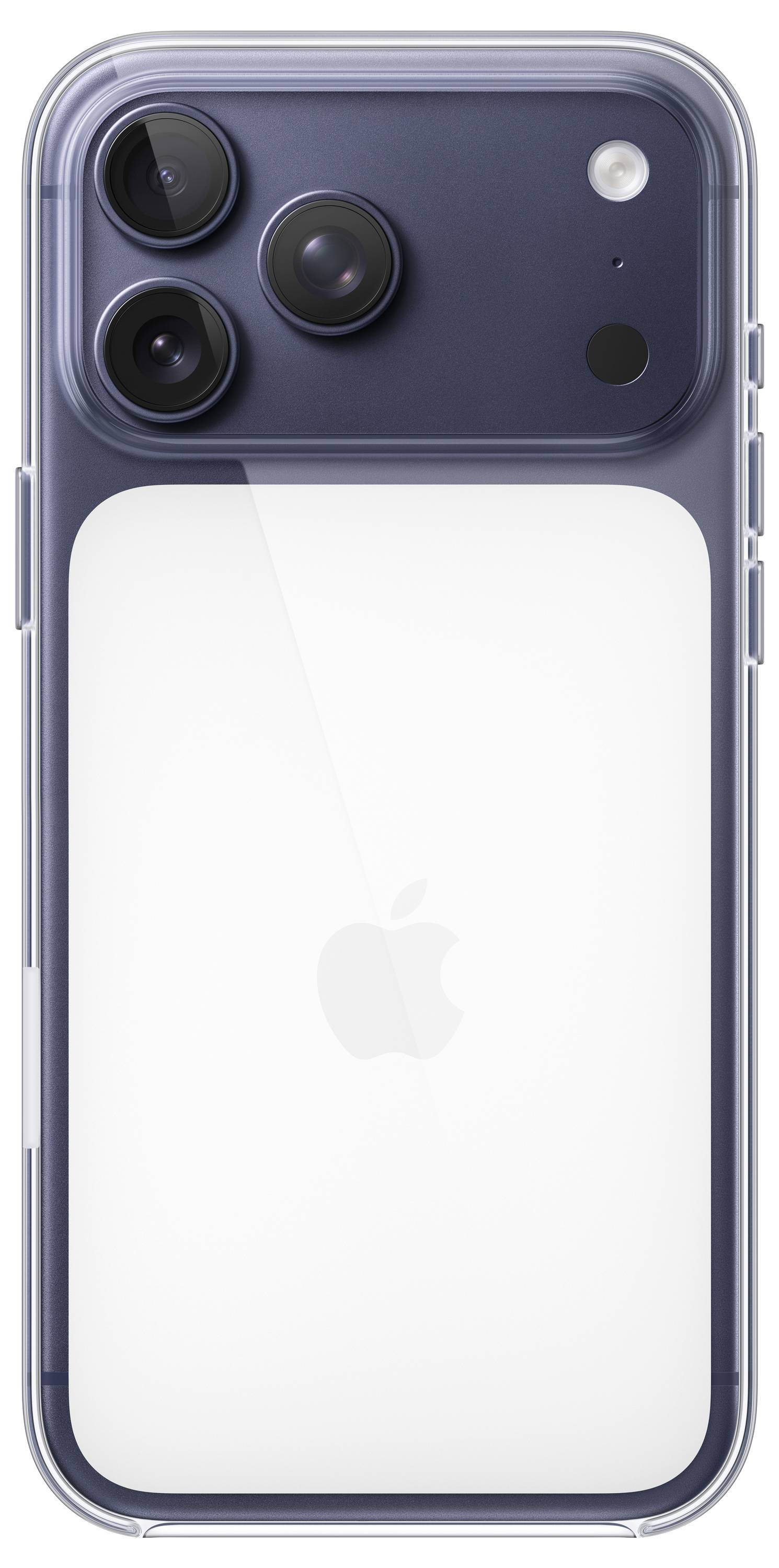 Smartphone se třemi zadními fotoaparáty a logem Apple pod nimi. Zařízení má elegantní tmavý povrch.