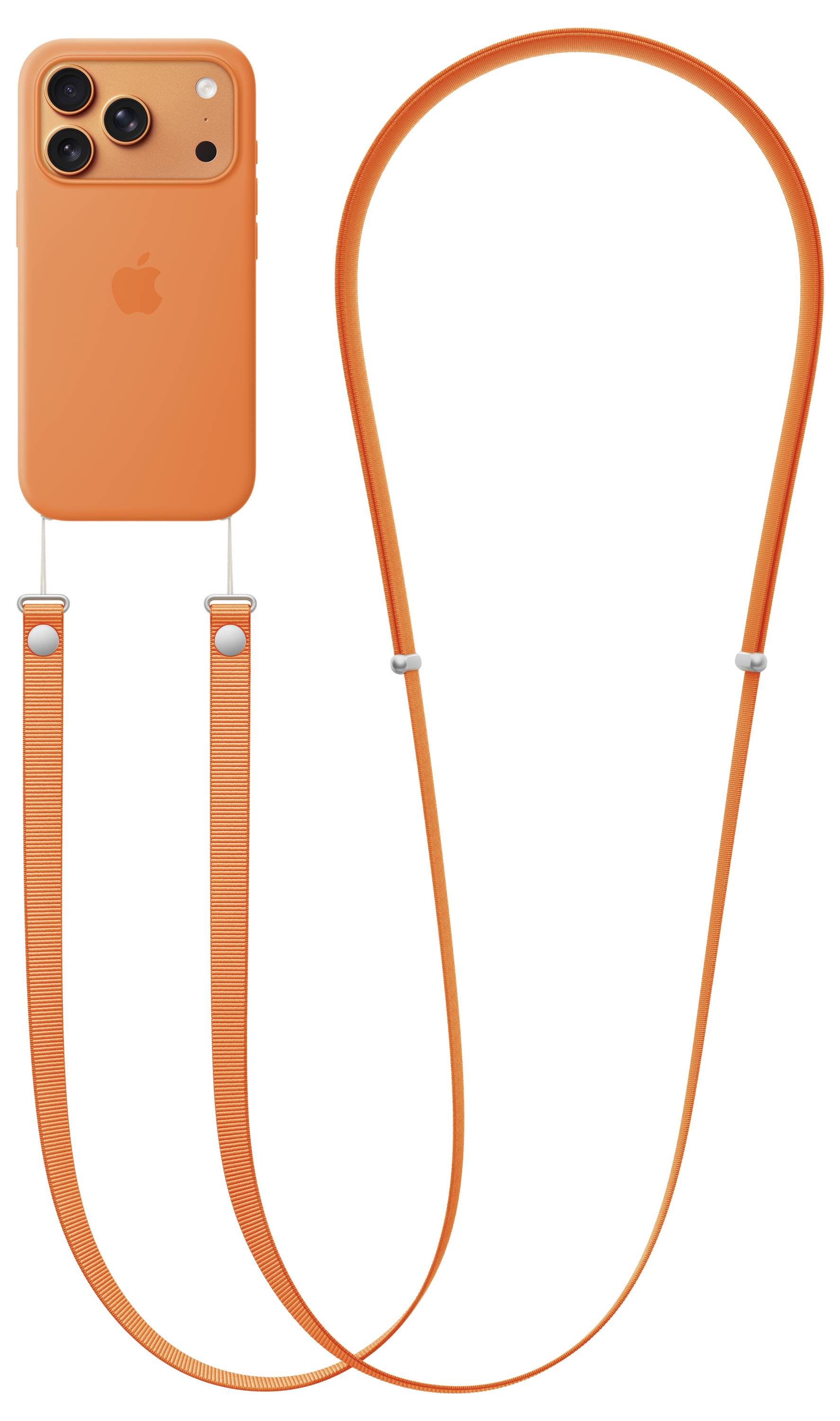 Oranžový kryt na telefon s odpovídajícím oranžovým popruhem připevněným na spodní straně, navržený pro nošení bez použití rukou.