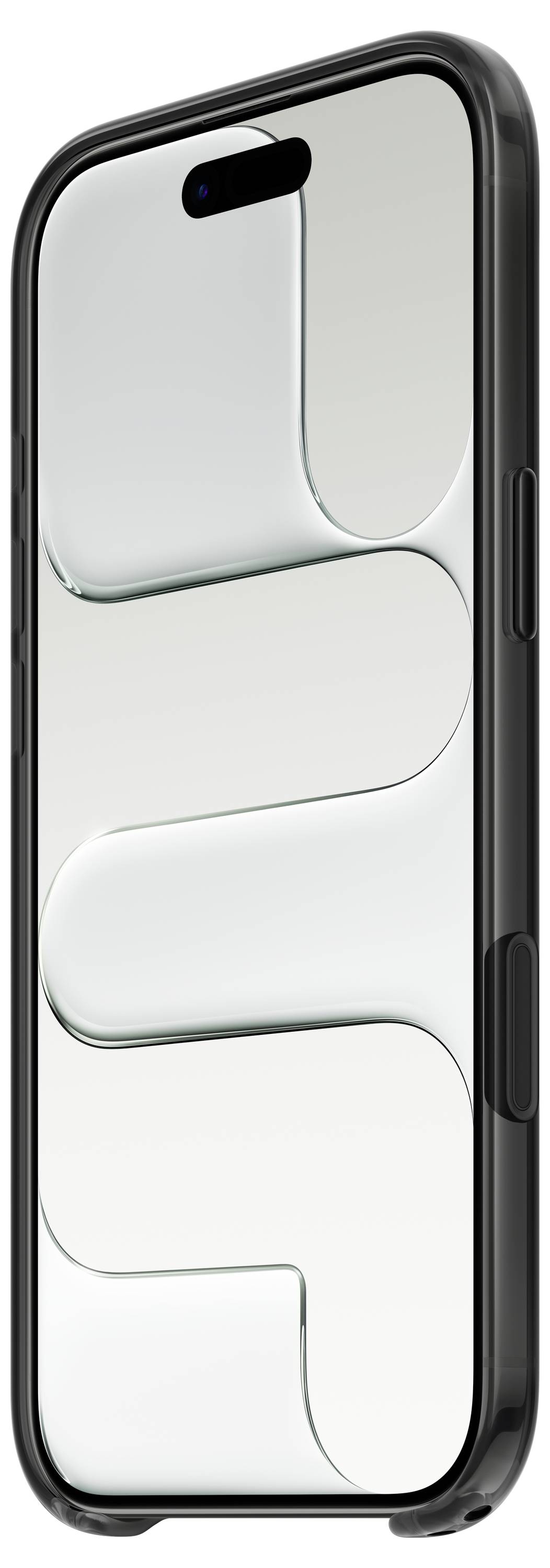 Moderní smartphone s elegantním designem, černými okraji a reflexním abstraktním vzorem na displeji, zachycený z úhlu z boku.