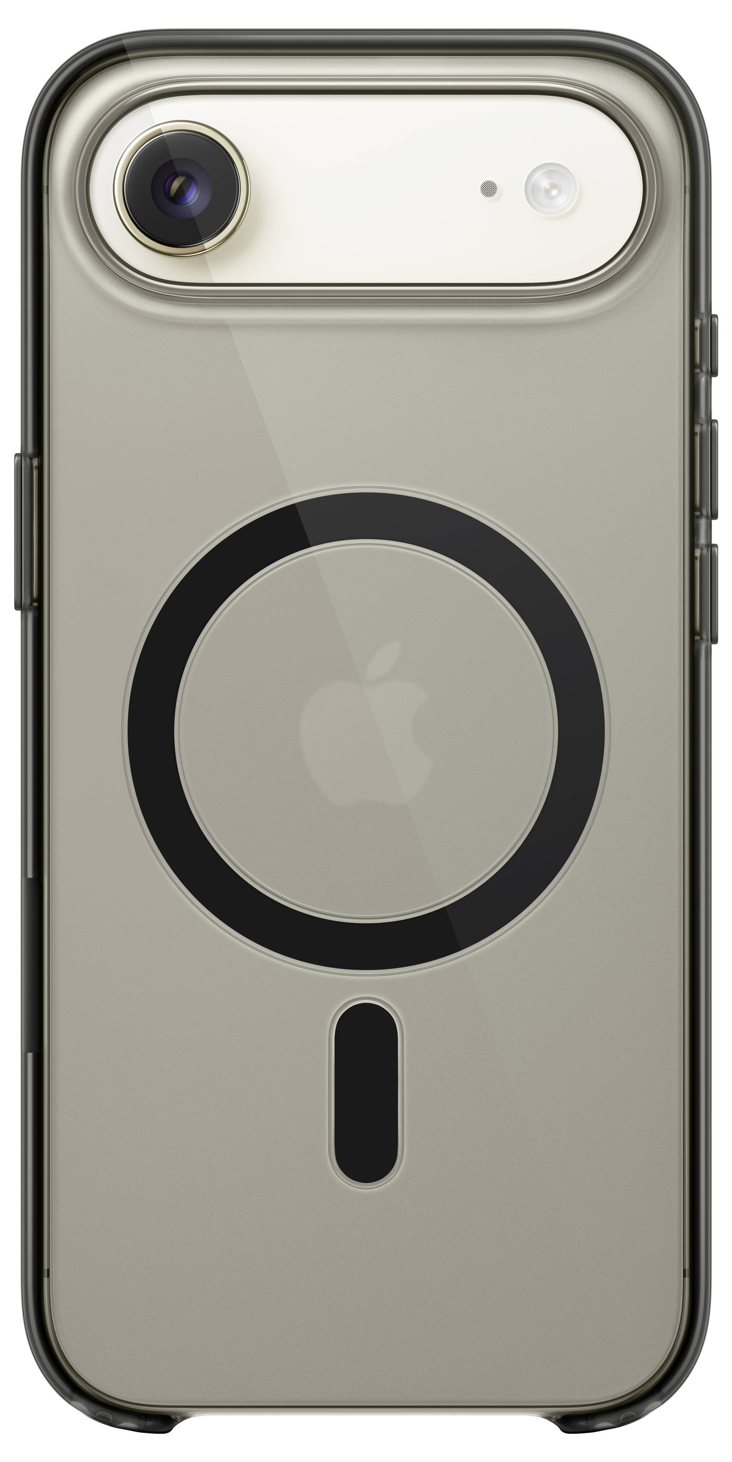 Smartphone v průhledném pouzdře s černým kruhovým designem na zadní straně zobrazuje logo Apple viditelné skrz pouzdro.