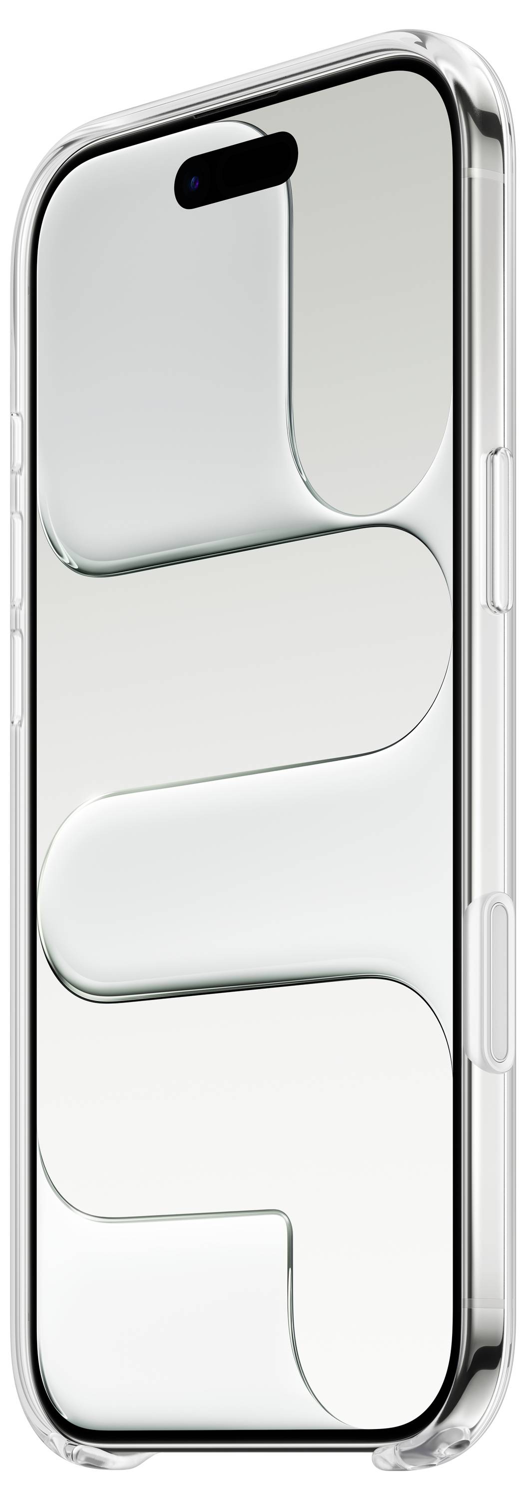 Smartphone v průhledném pouzdře s minimalistickým designem, s lehce kovovým zadním krytem a duální kamerou v levém horním rohu.