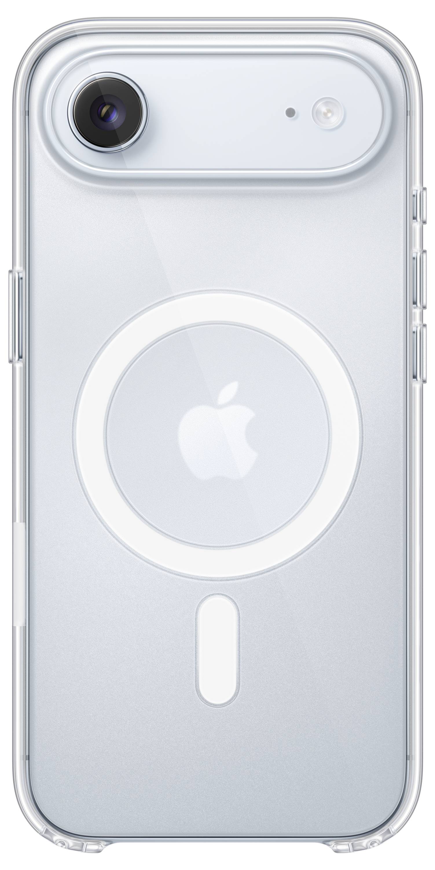 Elegantní smartphone s průhledným pouzdrem s logem Apple a technologií MagSafe, zobrazující prominentní fotoaparát a blesk nahoře.