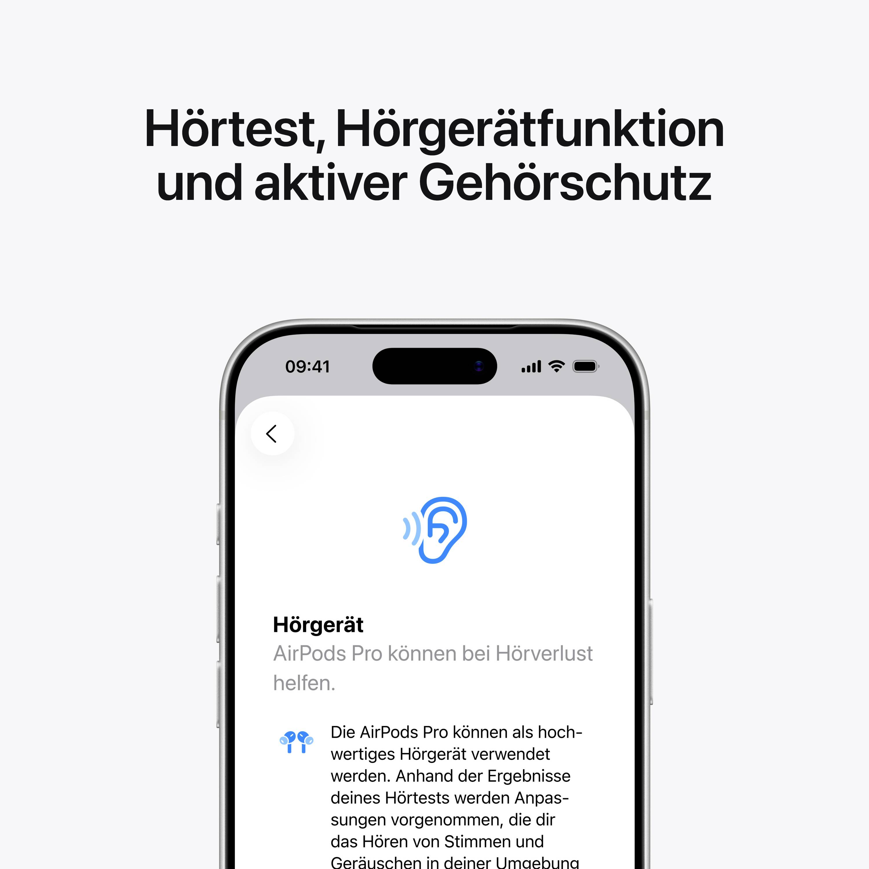 Funkce naslouchadla na obrazovce smartphonu, vysvětlující funkci AirPods Pro pro ochranu sluchu a úpravu hlasitosti.