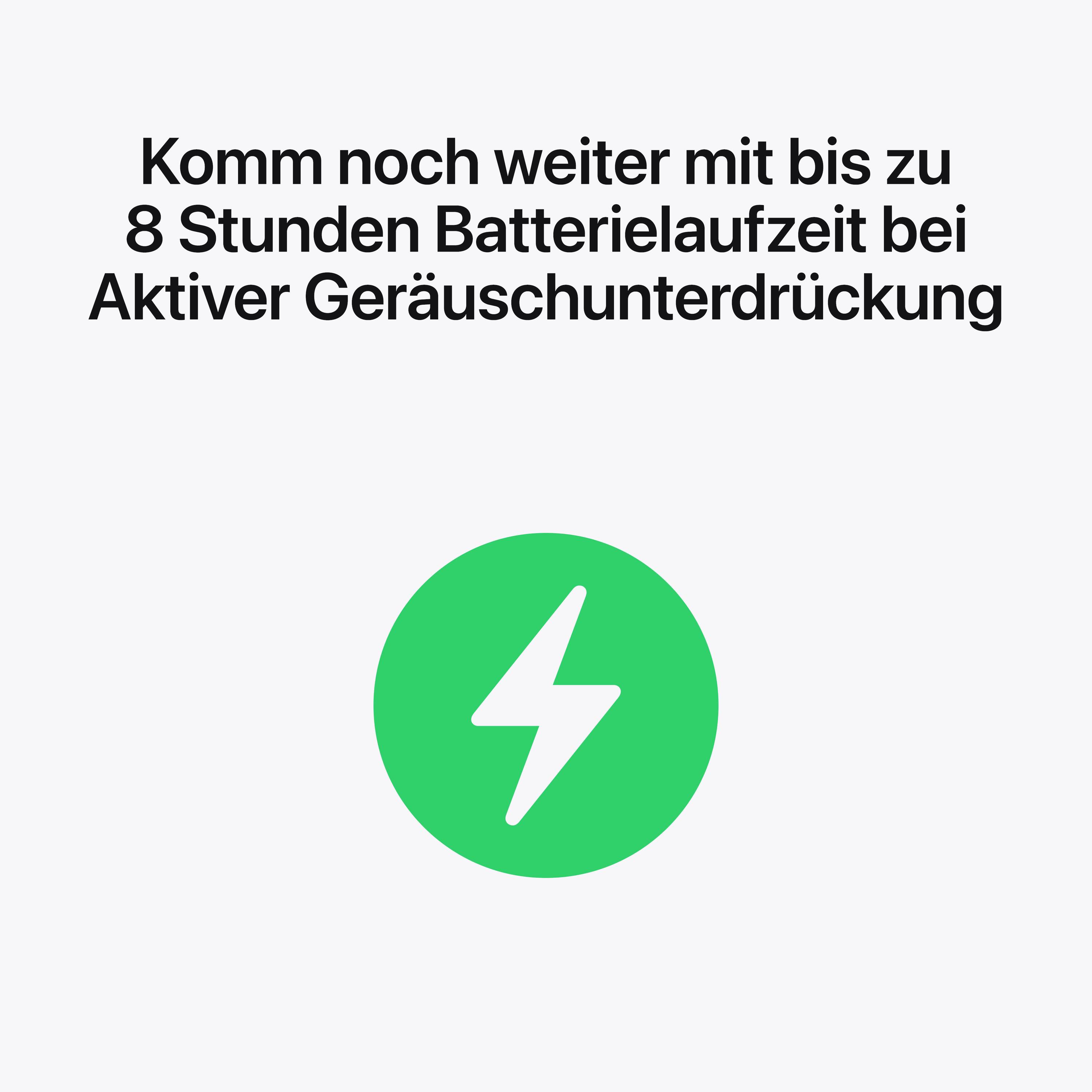 Symbol baterie s textem pod ním: 'Jeďte dál s výdrží až 8 hodin na baterii při aktivním potlačení hluku'.