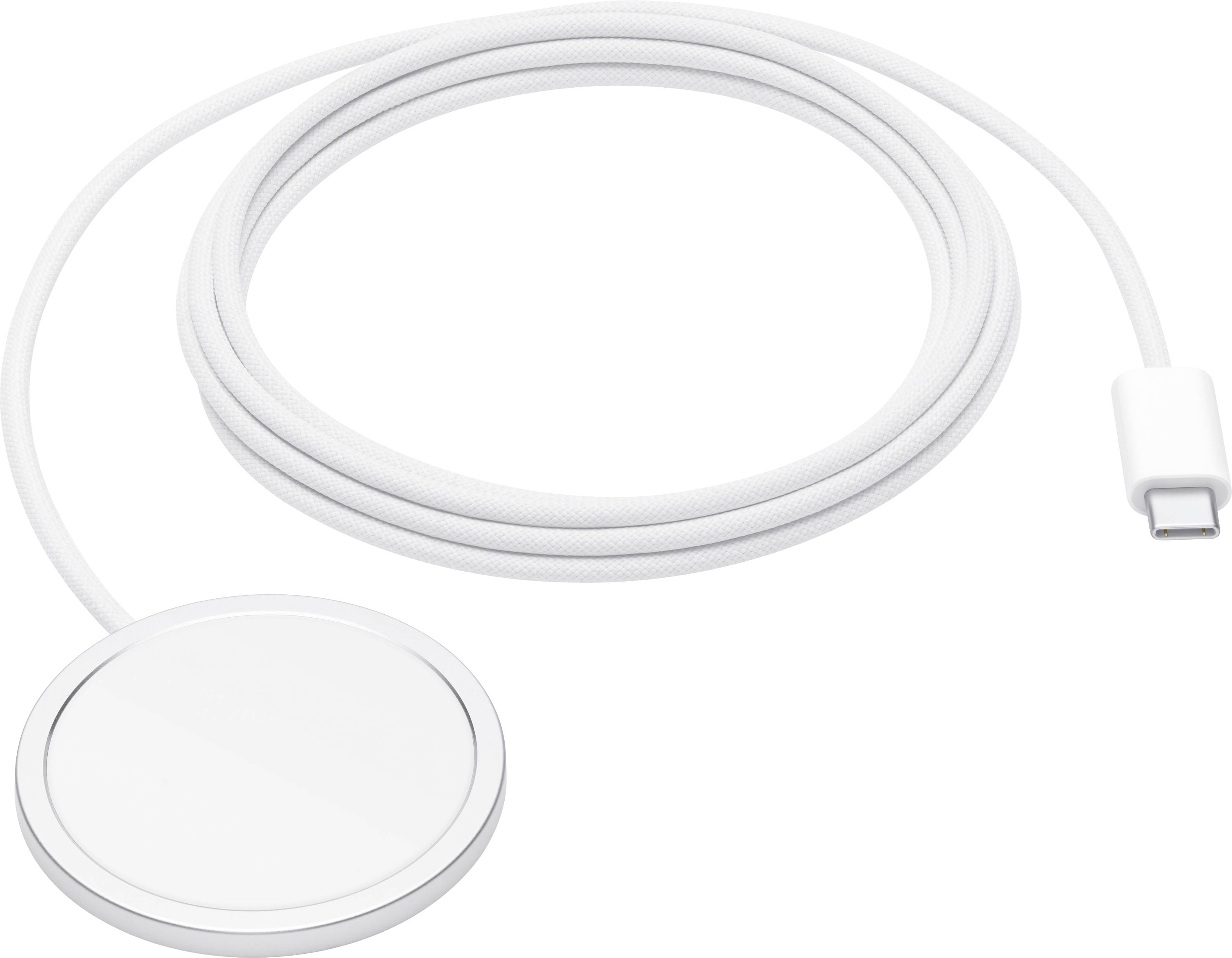 Bílý nabíjecí kabel s kulatou magnetickou nabíjecí podložkou a konektorem USB-C na druhém konci, určený pro nabíjení kompatibilních zařízení.